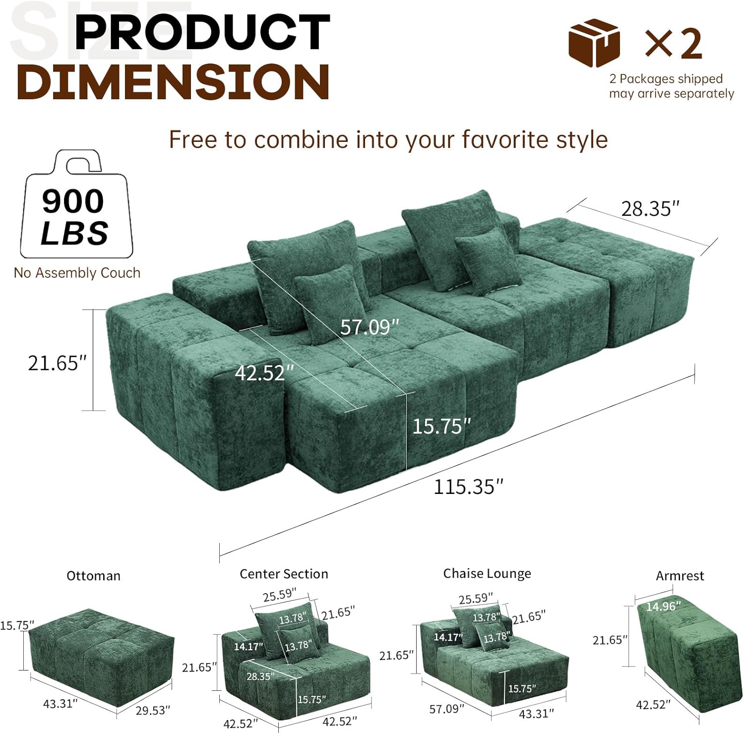 130.32" Modular Sectional Cloud Sofa,No Assembly Required Couch for Living Room,Skin-Friendly Chenille Fabric,Deep seat Sofa with Wide armrests