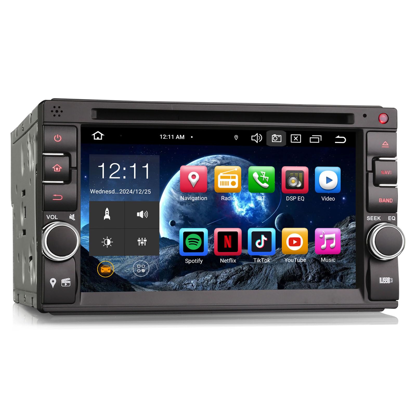 Erisin Universal 8 Core 4GB+64GB Android 14 Car Radio Bluetooth GPS Navigator Touch Screen 2 Din Support Wireless CarPlay Android Auto DSP WiFi 4G Dab+ RDS FM OBD2 USB CD DVD Player