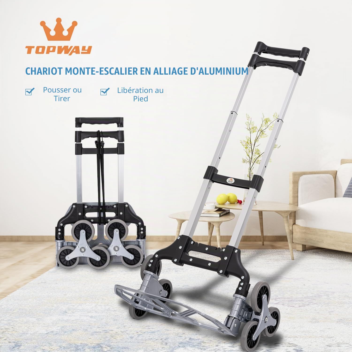 TOPWAY Chariot Pliant Escaliers en Aluminium Escalade Pliable Diable Chariot Sac Brouette Capacité de Chargement de 70 Kg Hauteur Réglable avec 6 Roues, 4 Roues Pivotantes et Cordon