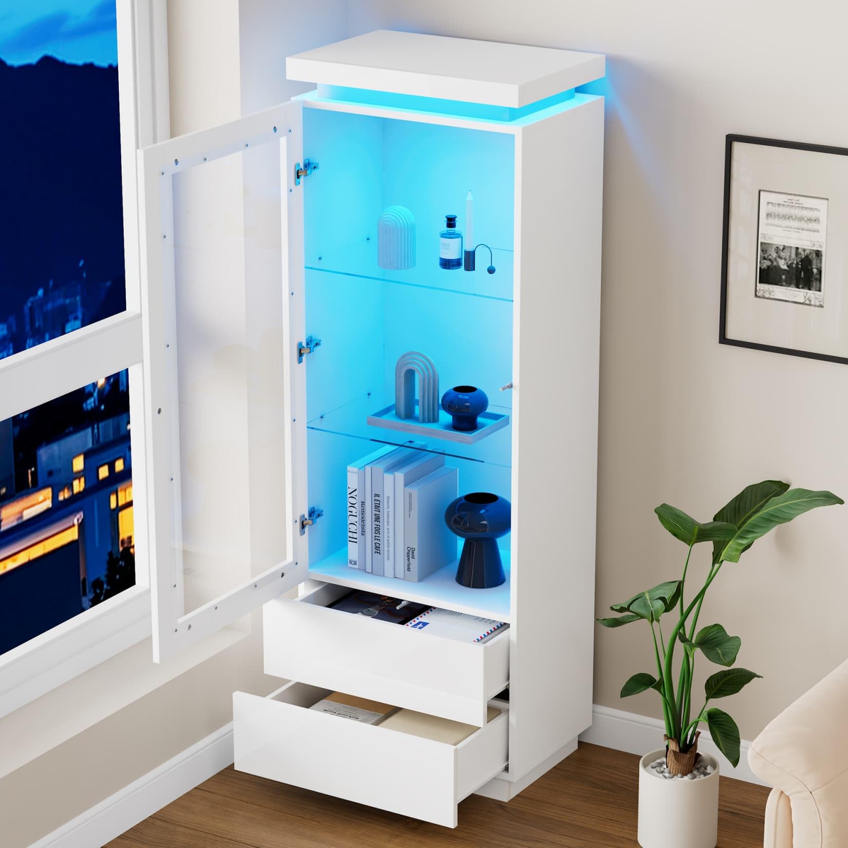 Buffet Salon Hauts 60x40x171cm,Vitrine Brillante,Meuble de Rangement,Meuble Cuisine avec éclairage LED Réglable,2 Tiroirs,Étagères en Verre à 3 Niveaux,pour Salon(E-Blanc)