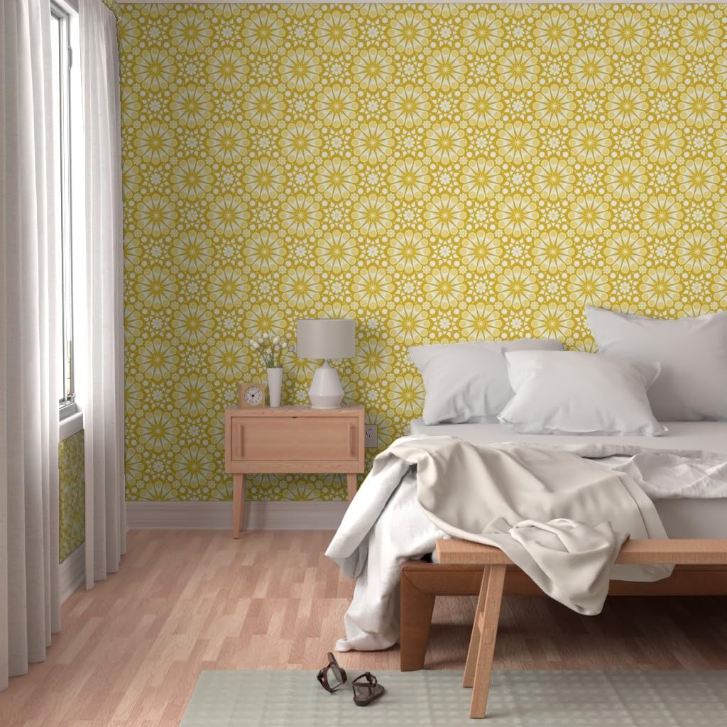 Spoonflower Peel & Stick Wallpaper 3ft x 2ft - Retro Geometric Floral Yellow 70S Daisy Daffodil Custom Removable Wallpaper