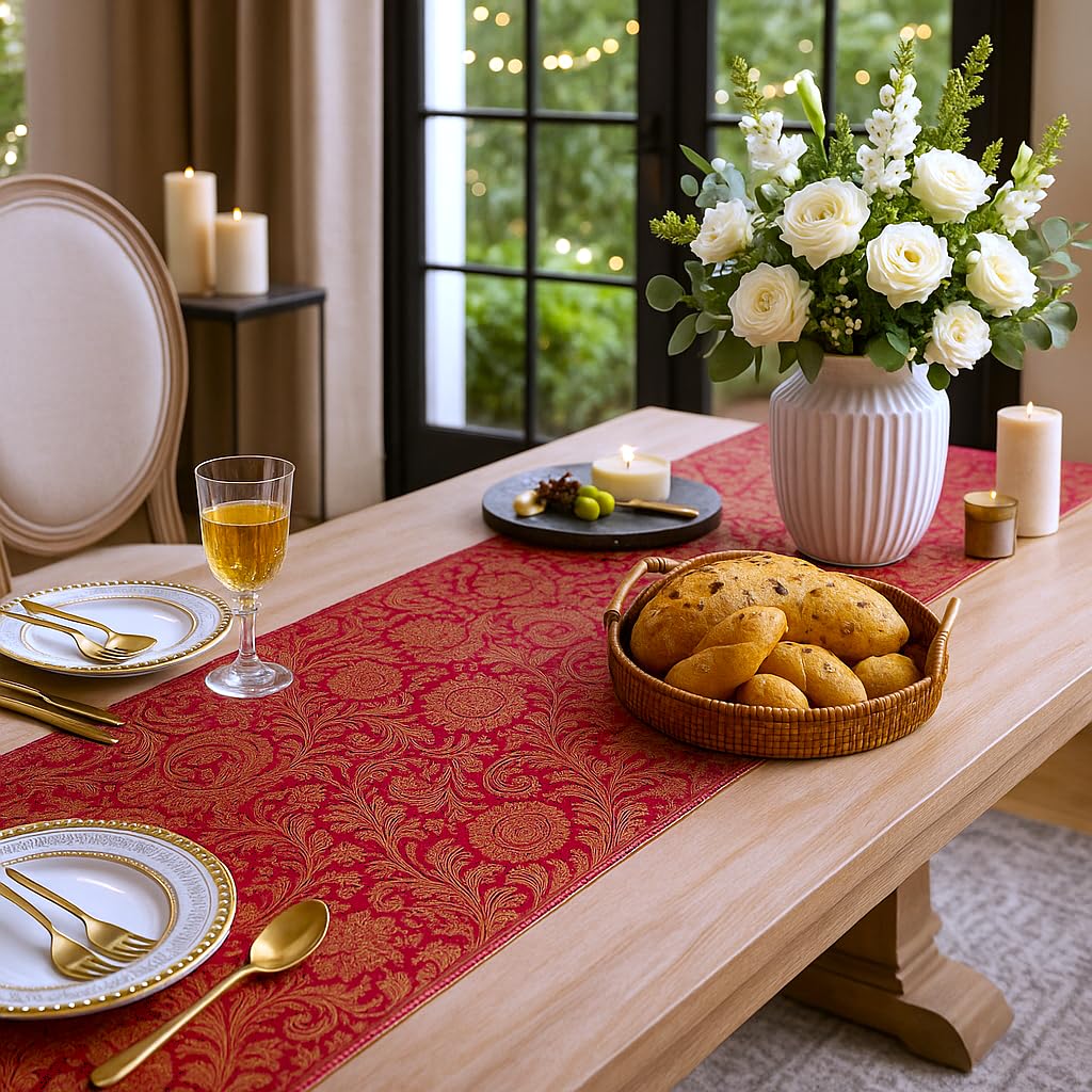 Luxury Indian Banarasi Brocade Silk Table Runner Pink & Gold Jacquard with Tassels 13x72 Inches|Perfect for 4-6 Seater Dining, Center, or Console Table |Festive Diwali Decor & Gift |WWW.THROWPILLOW.IN 4