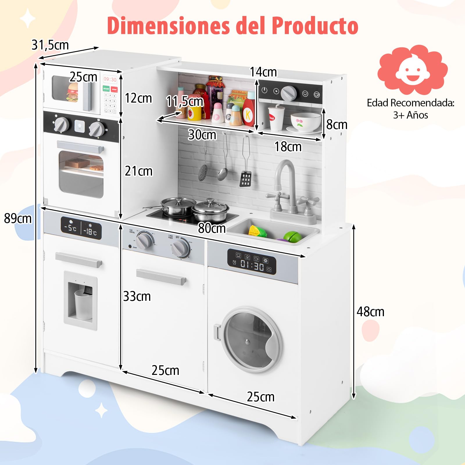 COSTWAY Cocina Madera Infantil, Cocinita Infantil con Luz y Sonido, Fregadero, Grifo, Dispensador de Agua, Microondas, Horno, Utensilios, Lavadora, Cocina Juguete para Niños de 3+Años