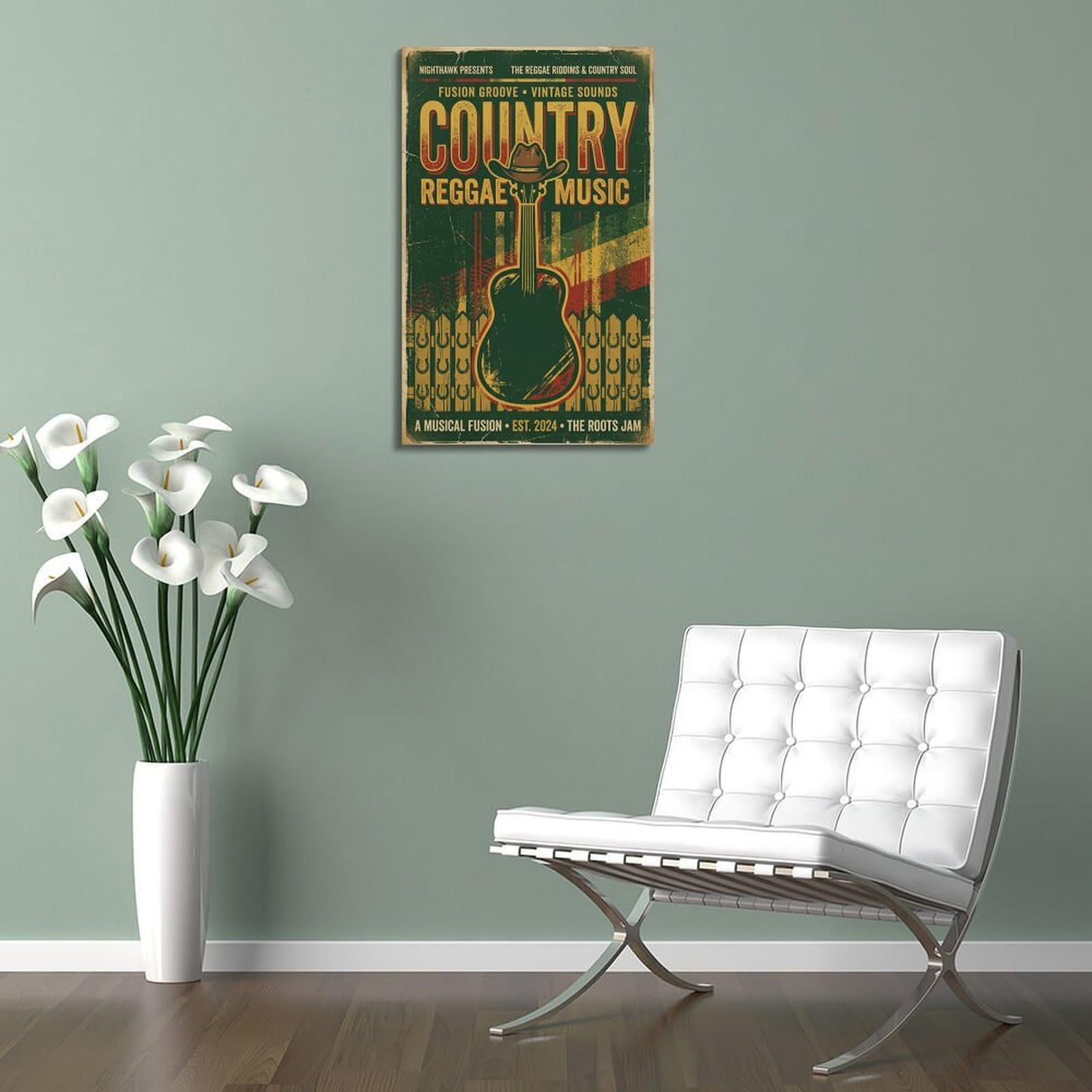 OKNGB Poster decorativo da parete su tela, motivo country reggae, cappello da cowboy e chitarra, stampa artistica su tela, poster decorativo moderno, per camera da letto, 60 x 90 cm