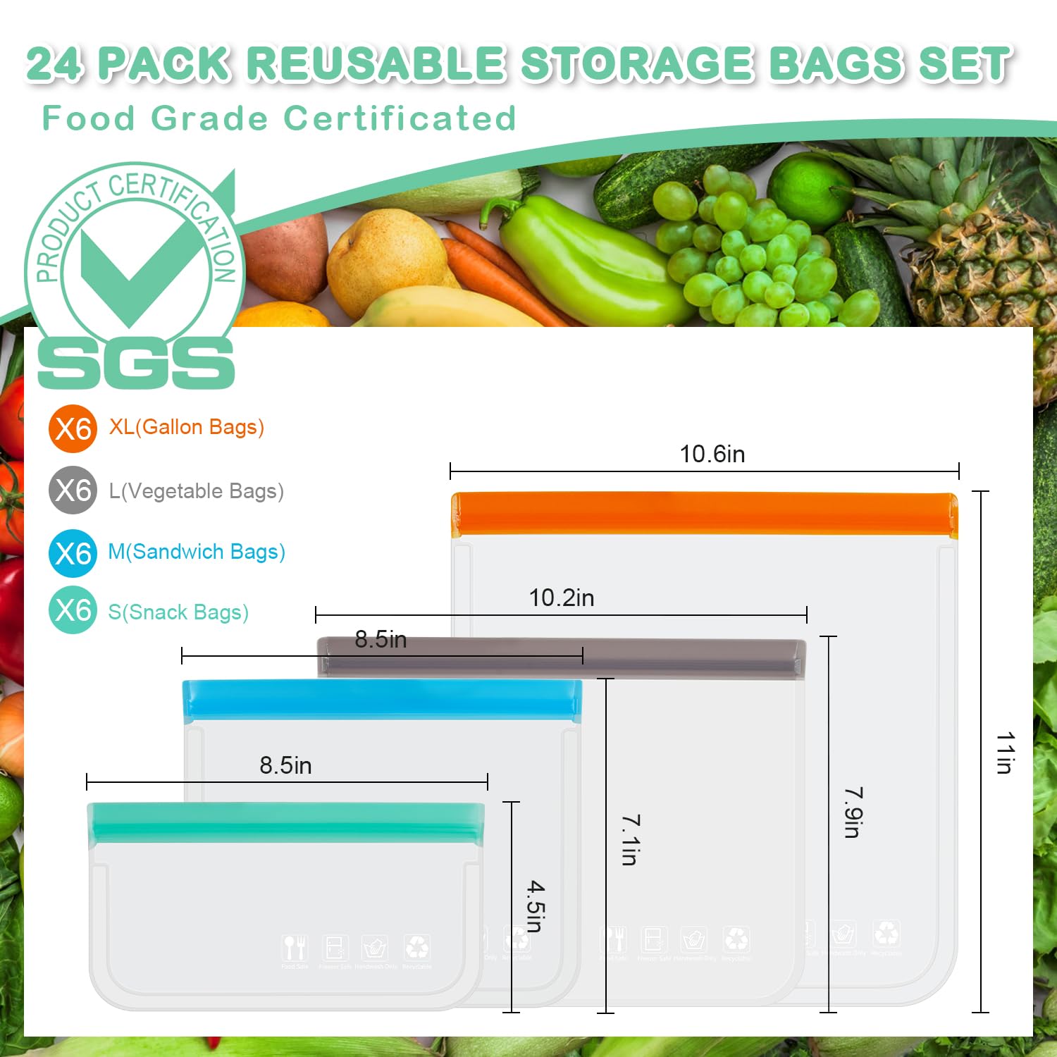Sacchetti riutilizzabili per congelatore, extra spessi, a prova di perdite, sacchetti in silicone senza BPA, per conservare alimenti, viaggi, organizzazione della casa (confezione da 24, 6 XL, 6 L, 6