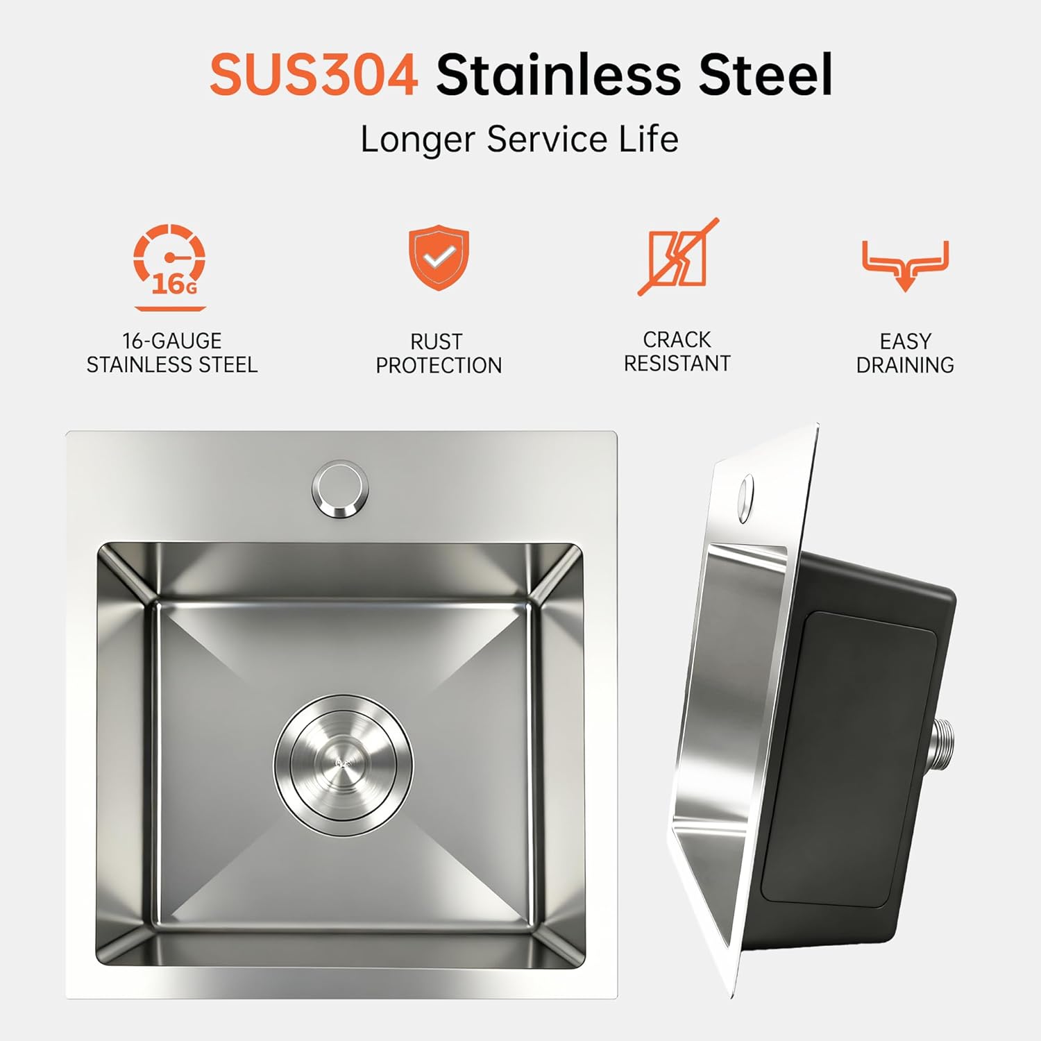 15x15 Inch Single Bowl Kitchen Sink,304 Stainless Steel Top Mount Kitchen Sinks Bar Sink,Handmade 16 Guage Small Kitchen Sink Brushed Nickel Deep Kitchen Sinks RV Sink