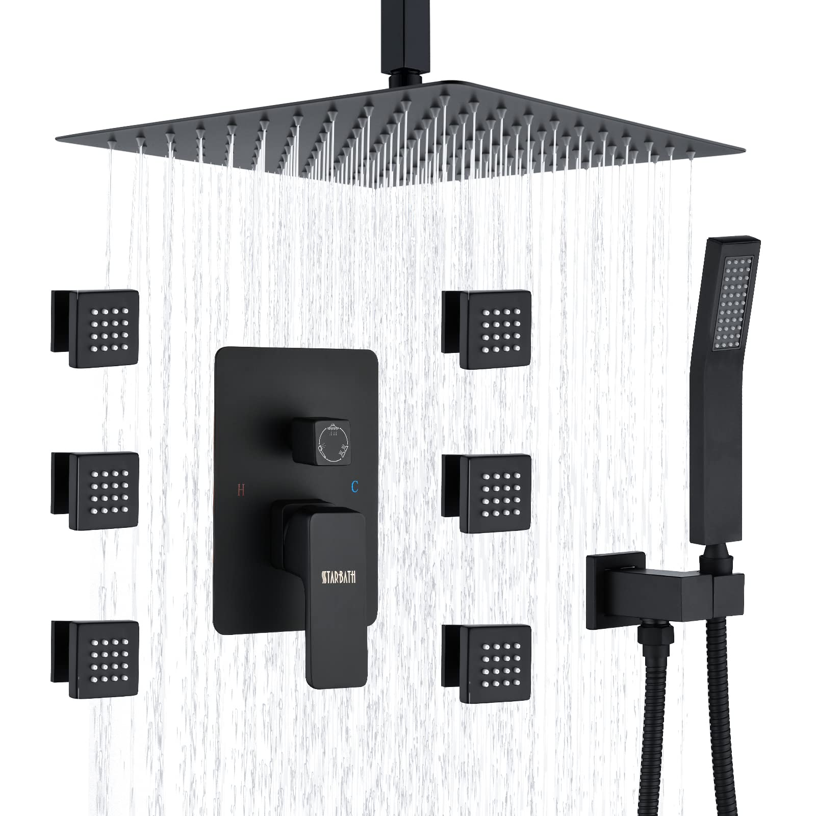 Black Shower Jets System in Wall, STARBATH 12 Inch Ceiling Mount