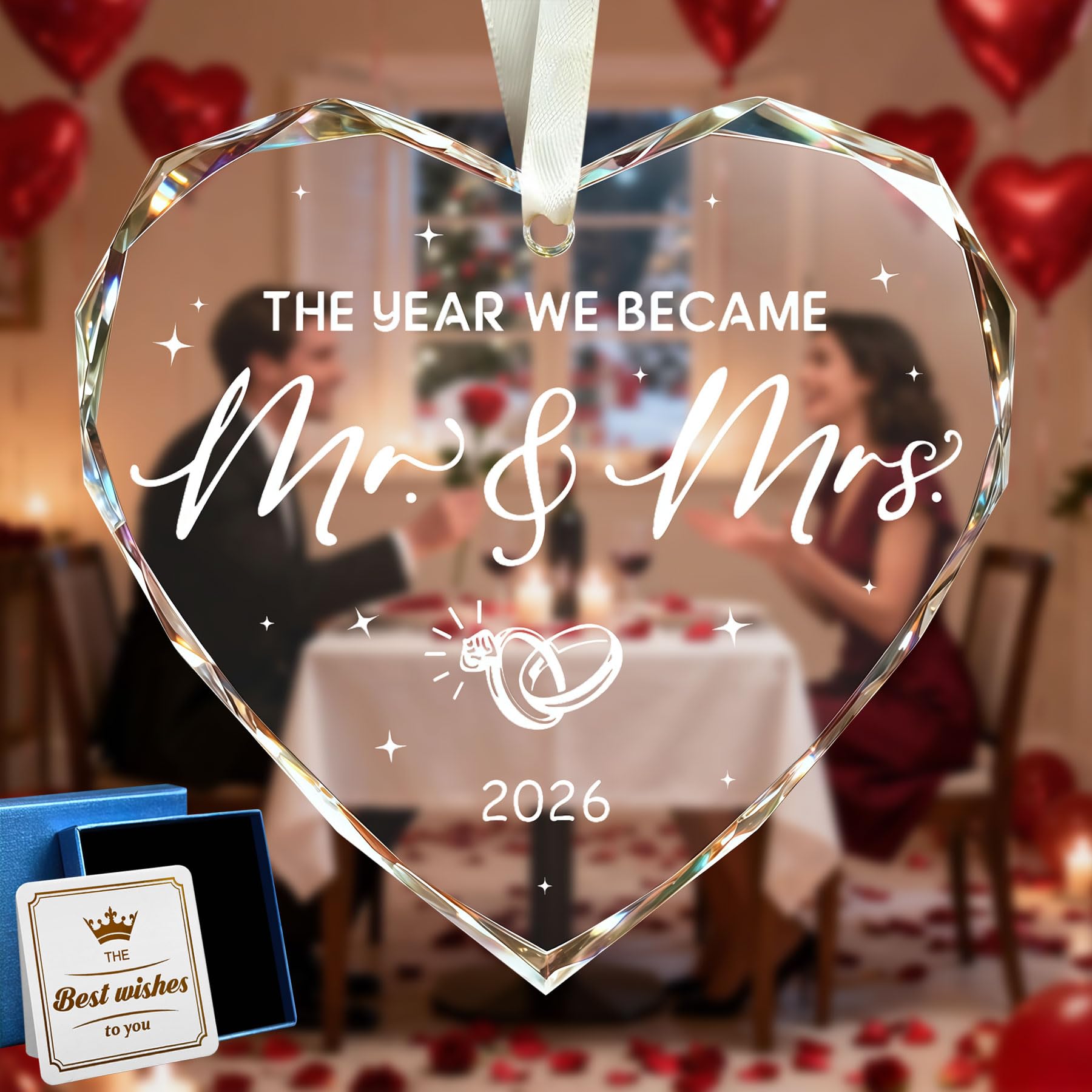 Engagement Gifts For Couples, Personalised Engagemen Gif, Crystal Glass Engagement Gifts for Newly Engaged Couple, Women, Fiance, Glass Ornament (Heart)