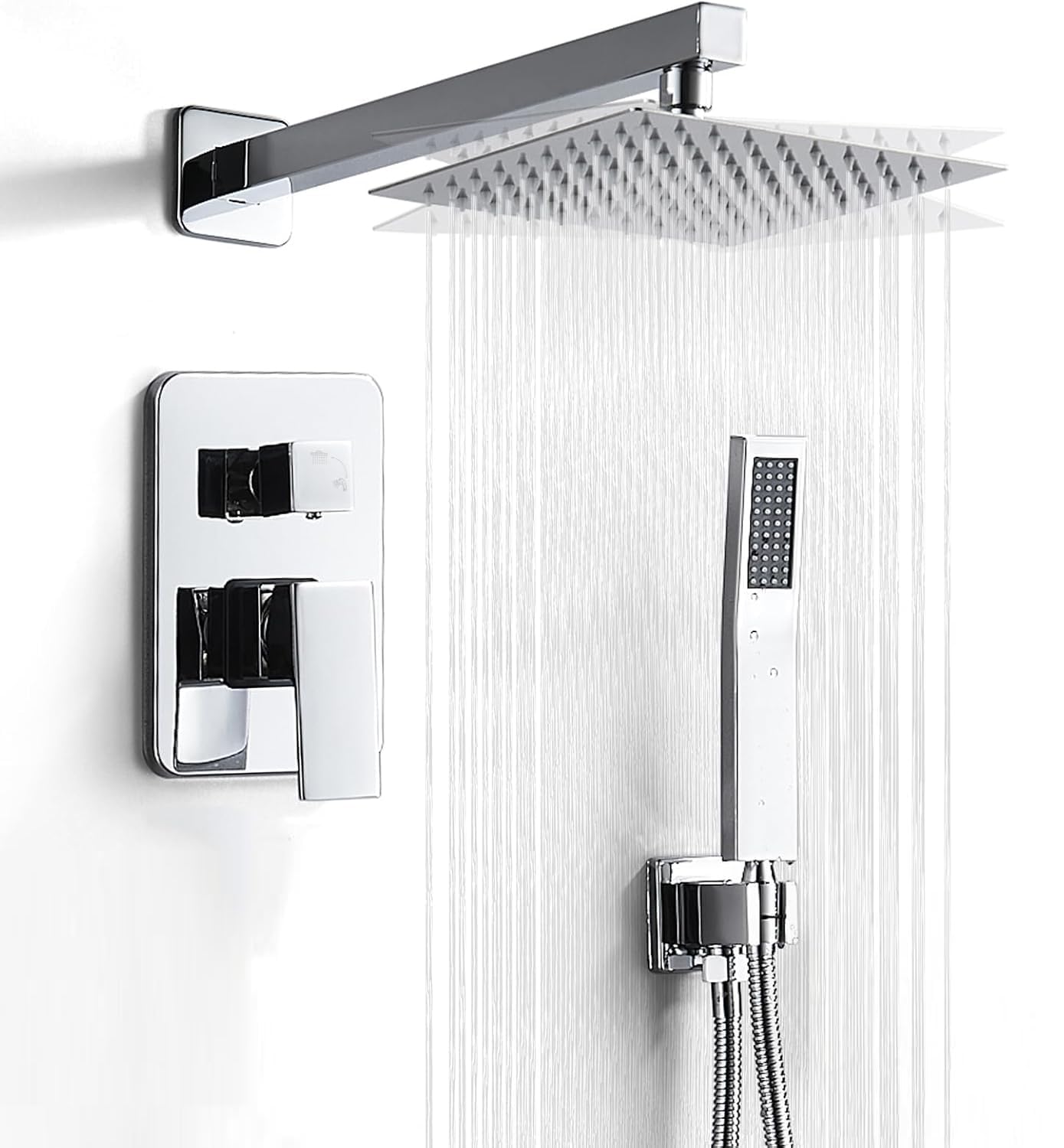 Chromowany system prysznicowy, 25 cm, deszczownica z ręcznym natryskiem, luksusowy zestaw prysznicowy z deszczownicą, kwadratowy uchwyt ścienny do łazienki z prysznicem deszczowym i ręcznym