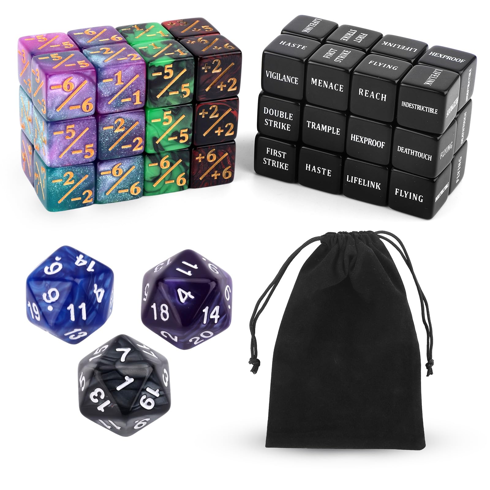 BOXOB 51pcs Abilities Keywords Counter Dice, Acrylic MTG Creature Stats Buff D20 Loyalty Dice Tokens Bulk Magic Life Counters Set Gifts for TCG RPG Card Gaming Accessories with Velvet Bag (4 Colors)