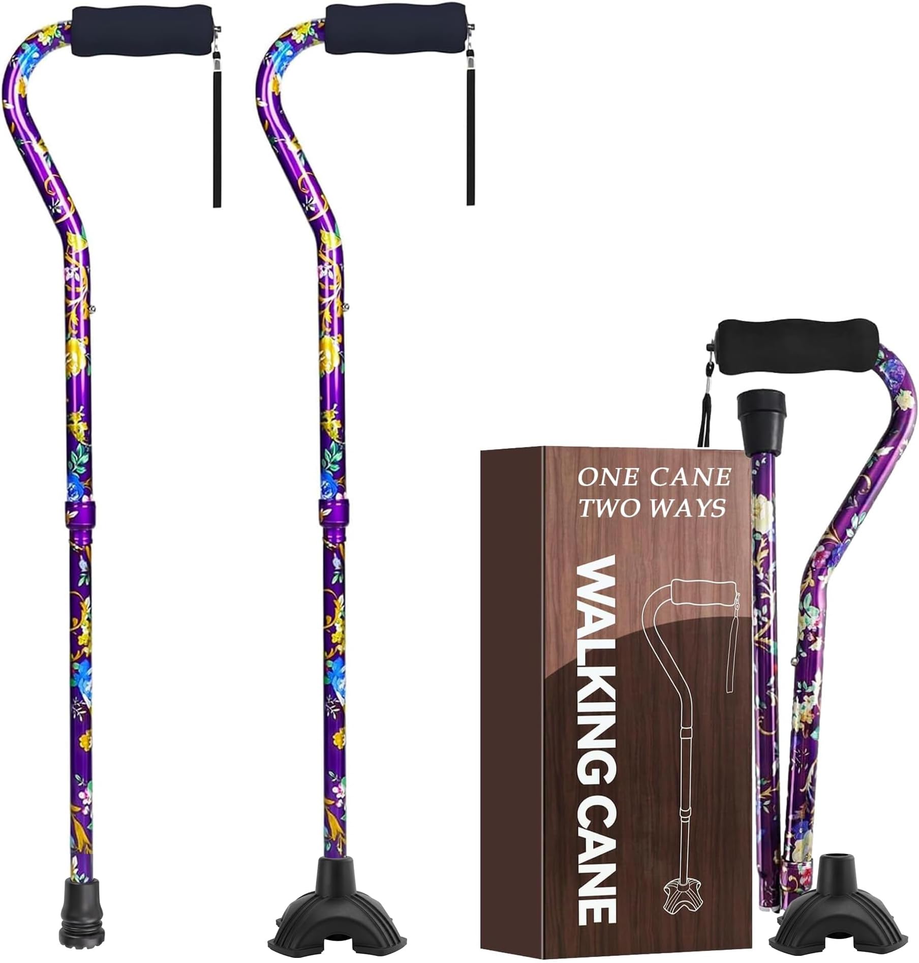 Floral Canes for Women Folding Cane for Stability with Non-Slip Base, Adjustable Walking Cane for Seniors - Lightweight Collapsible Walking Sticks with T & Offset Handle