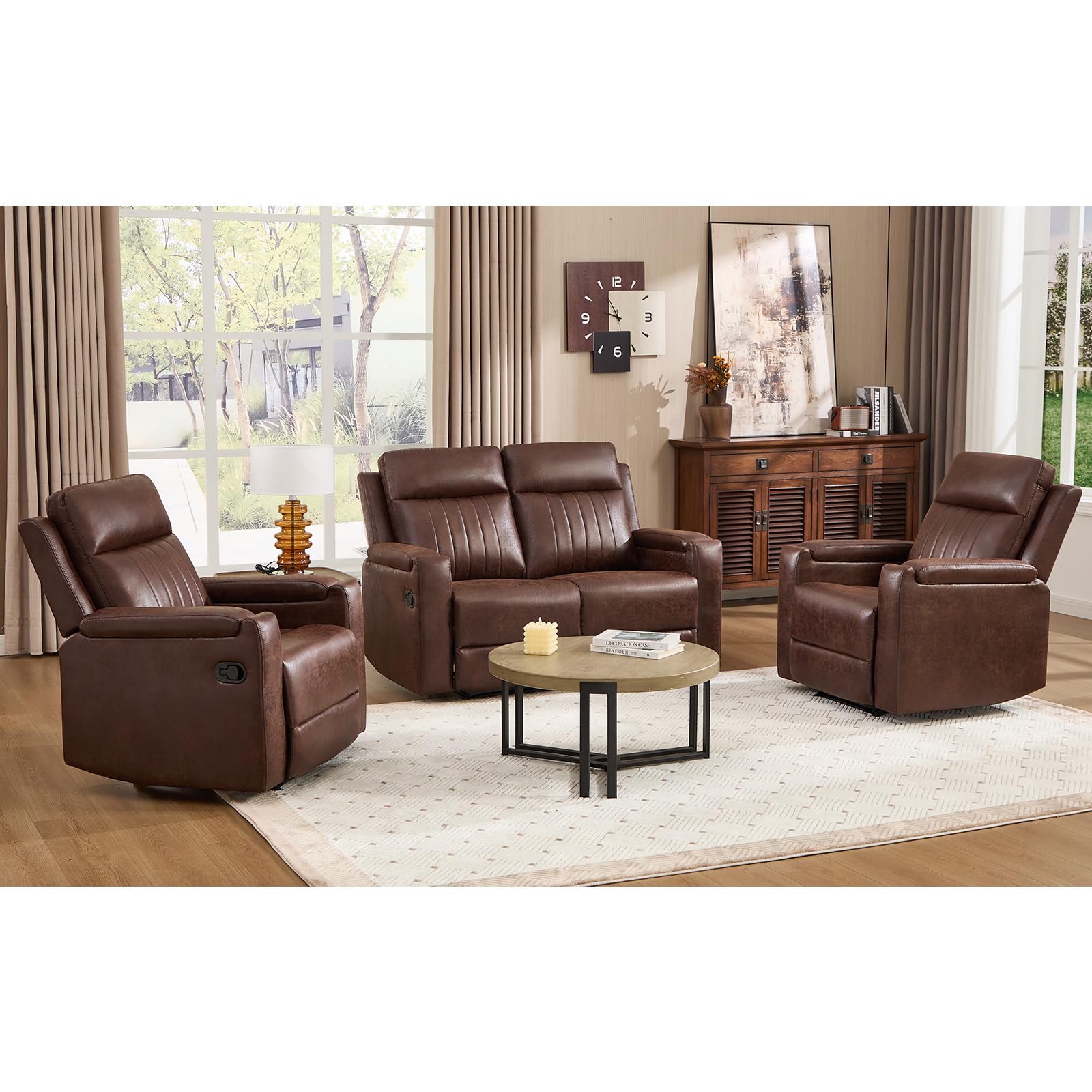 Faux Leather Recliner Sofa Set 2 Chairs 58 Loveseat Cup Holder Storage Red Brown image 1