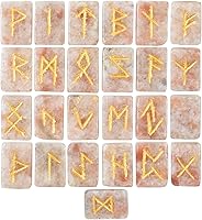 Vista 13 de Crocon Runas de jaspe de frutas con forma rectangular de piedras preciosas con alfabeto Futhark de saúco grabado, 25 piezas, juego de runas