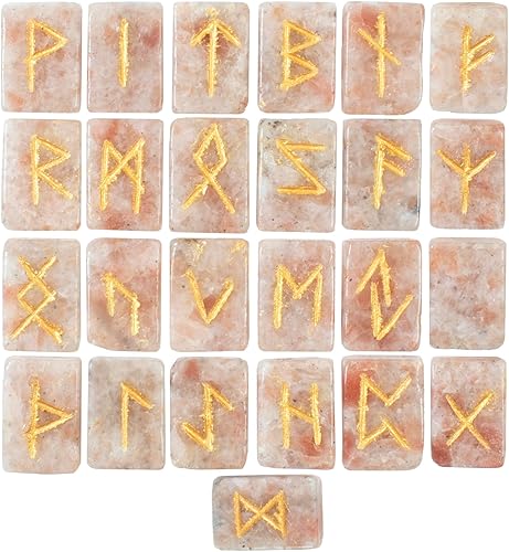 Crocon Runas de piedras preciosas con forma rectangular de piedra solar con alfabeto de Futhark de élder grabado, juego de 25 runas de cristal de