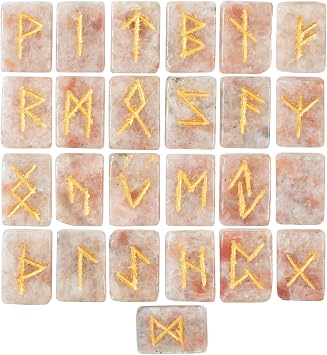 Crocon Sunstone rectangle shape gemstone runes with Elder Futhark Alphabet Engraved 25 pcs rune set Crystal Divination metaphysical Healing Chakra Reiki runes set with a pouch Size 2025mm