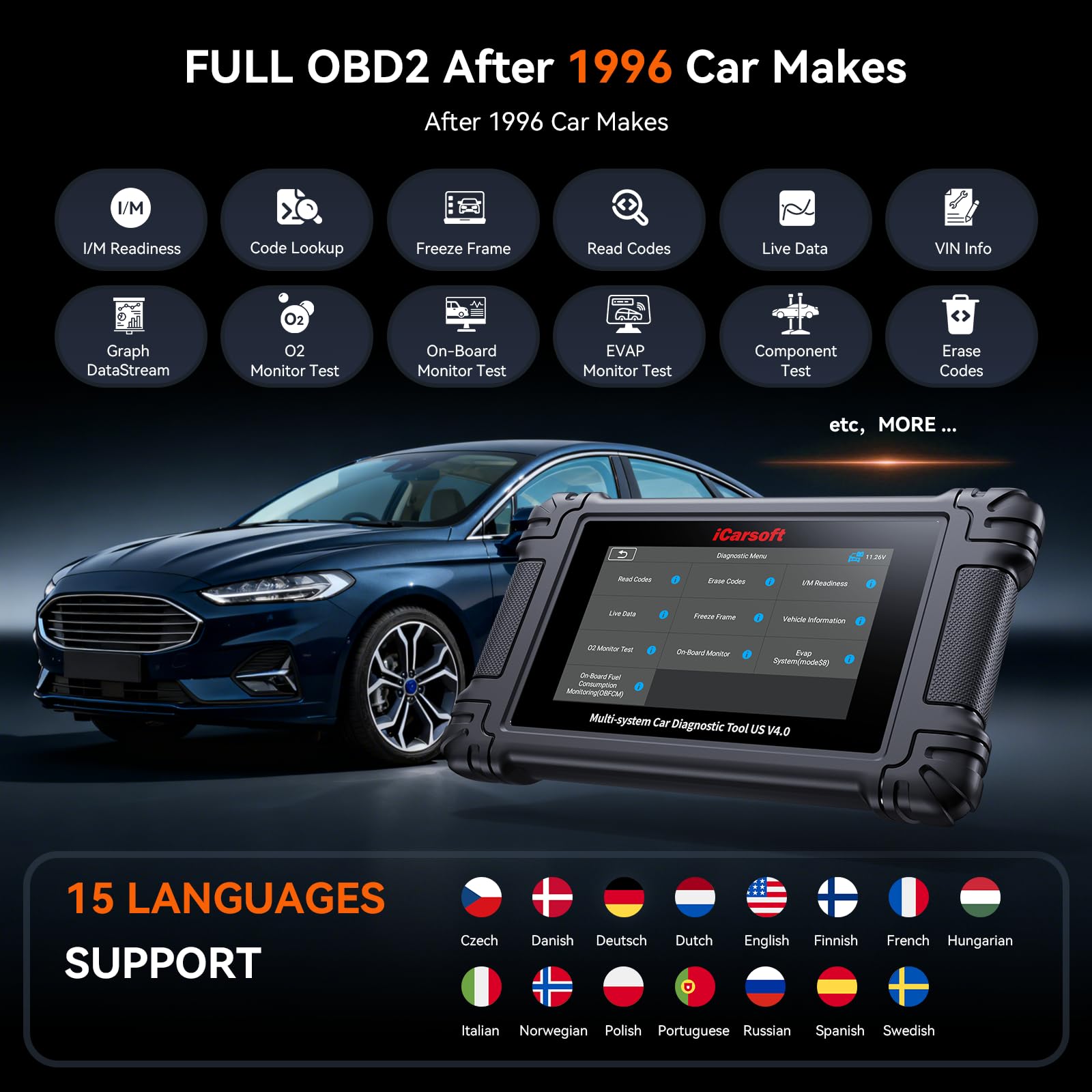 iCarsoft US V4.0 OBD2 skaner diagnostyczny do amerykańskich samochodów markowych z TOP 49 resetami, precyzyjny skaner diagnostyczny, CAN-FD, FCA Autoauth, dożywotnia aktualizacja, AutoVIN