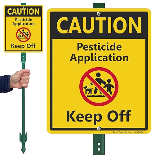 Miniatura 8 de SmartSign Paquete de 20 carteles de precaución para aplicar pesticidas con estaca, plástico HDPE de 16 mil, negroamarillo, letrero de césped de 4 x