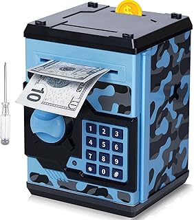 ATM Piggy Bank for Boys Girls, Vcertcpl Mini ATM Coin Bank Money Saving Box with Password, Kids Safe Money Jar for Adults with Auto Grab Bill Slot, Great Gift Toy Bank for Kids (Camouflage BlueGray)