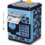 ATM Piggy Bank for Boys Girls, Vcertcpl Mini ATM Coin Bank Money Saving Box with Password, Kids Safe Money Jar for Adults with Auto Grab Bill Slot, Great Gift Toy Bank for Kids (Camouflage BlueGray)