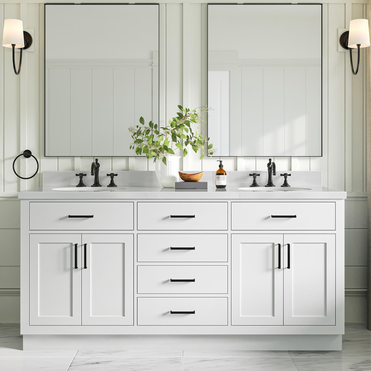 ARIEL 73" White Double Vanity, 1.5" Edge Pure White Quartz Countertop & Splash, Oval Sinks, 4 Soft Closing Doors, 6 Full Extension Dovetail Drawers,