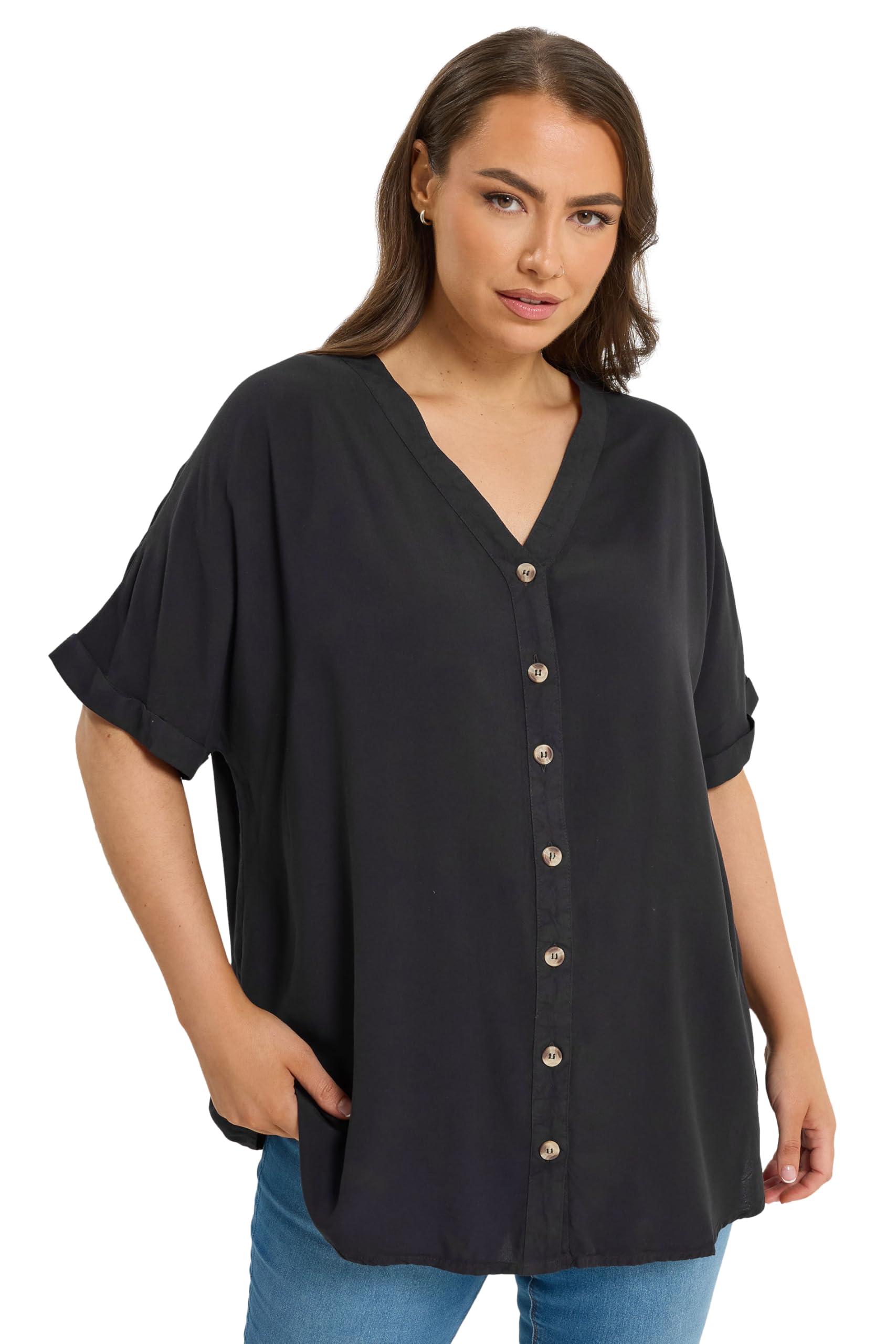 Yours Women's Black Curve Chambray Button Through Blouse - Plus Size Curve