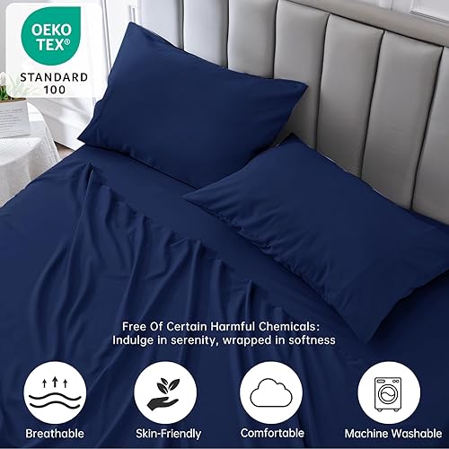 Miniatura 3 de E - Juego de sábanas de 4 piezas, sábanas refrescantes suaves y transpirables de microfibra cepillada, resistente a la decoloración con bolsillo
