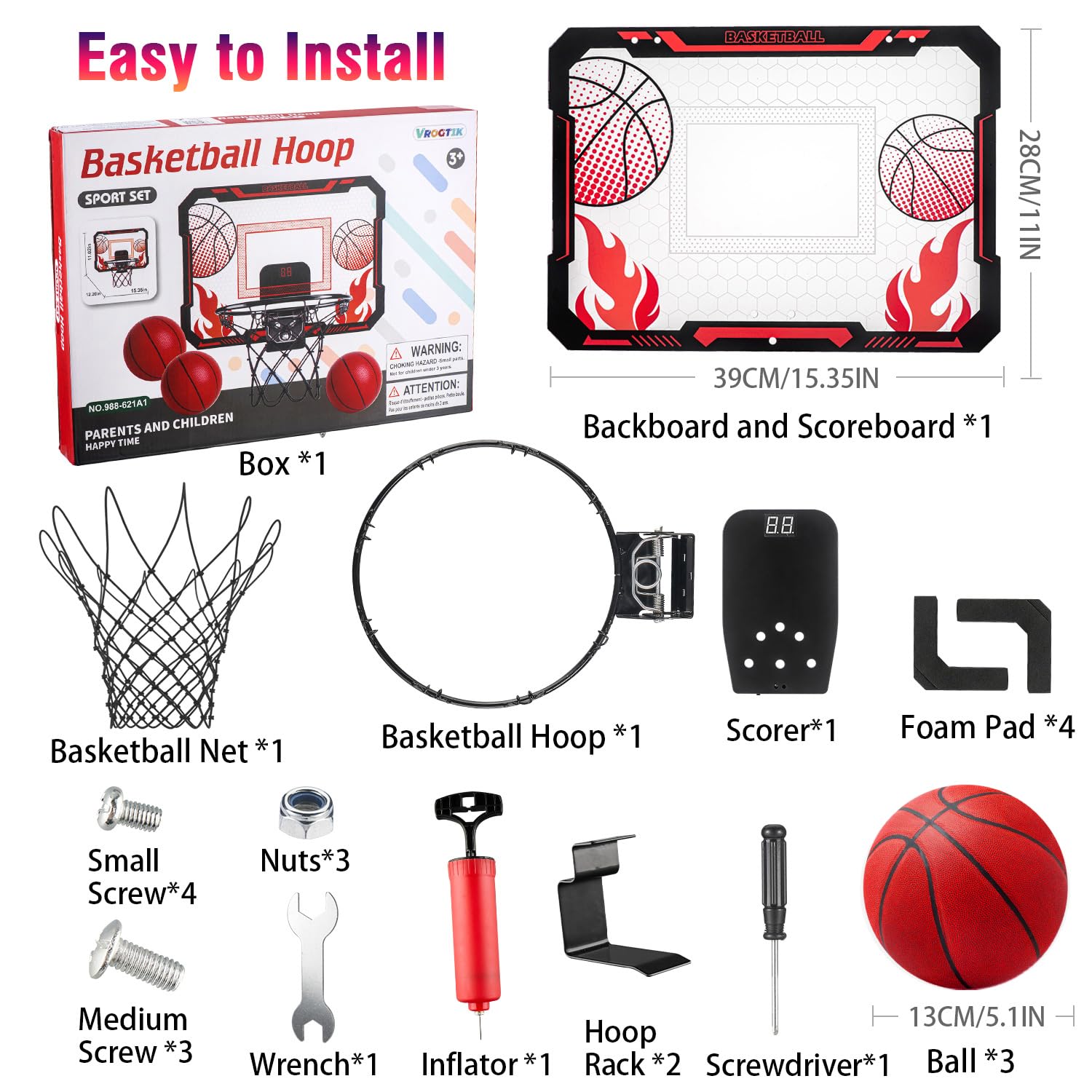 VROGTIK Canasta de baloncesto interior para niños, mando a distancia, soporte sobre la puerta, marcador - regalos para niños y niñas de 4 a 12 años
