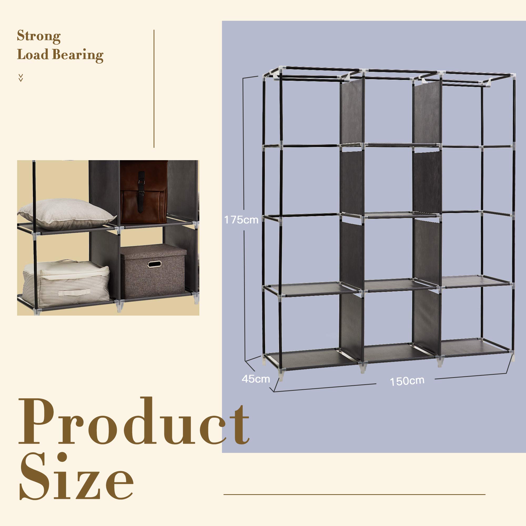 Hododou Tragbarer Kleiderschrank, groß, Segeltuch, 175 x 150 x 45 cm, Grau | Kleideraufbewahrungs-Organizer mit 2 Kleiderstangen, faltbarer Schrank für Wohnzimmer, Schlafzimmer