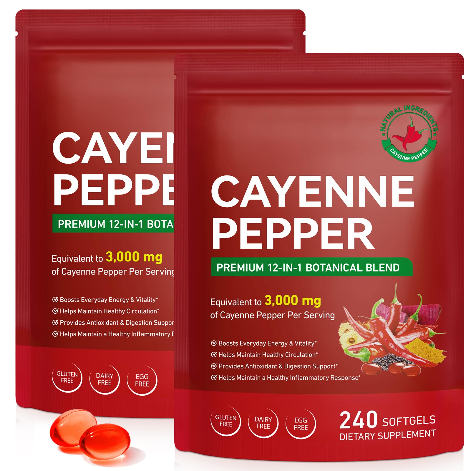 DLOMFVFQ Suplemento Fitoterápico de Pimenta-Caiena com Vitaminas E, D3 e K2 e Extrato de Semente de Uva, 480 cápsulas gelatinosas