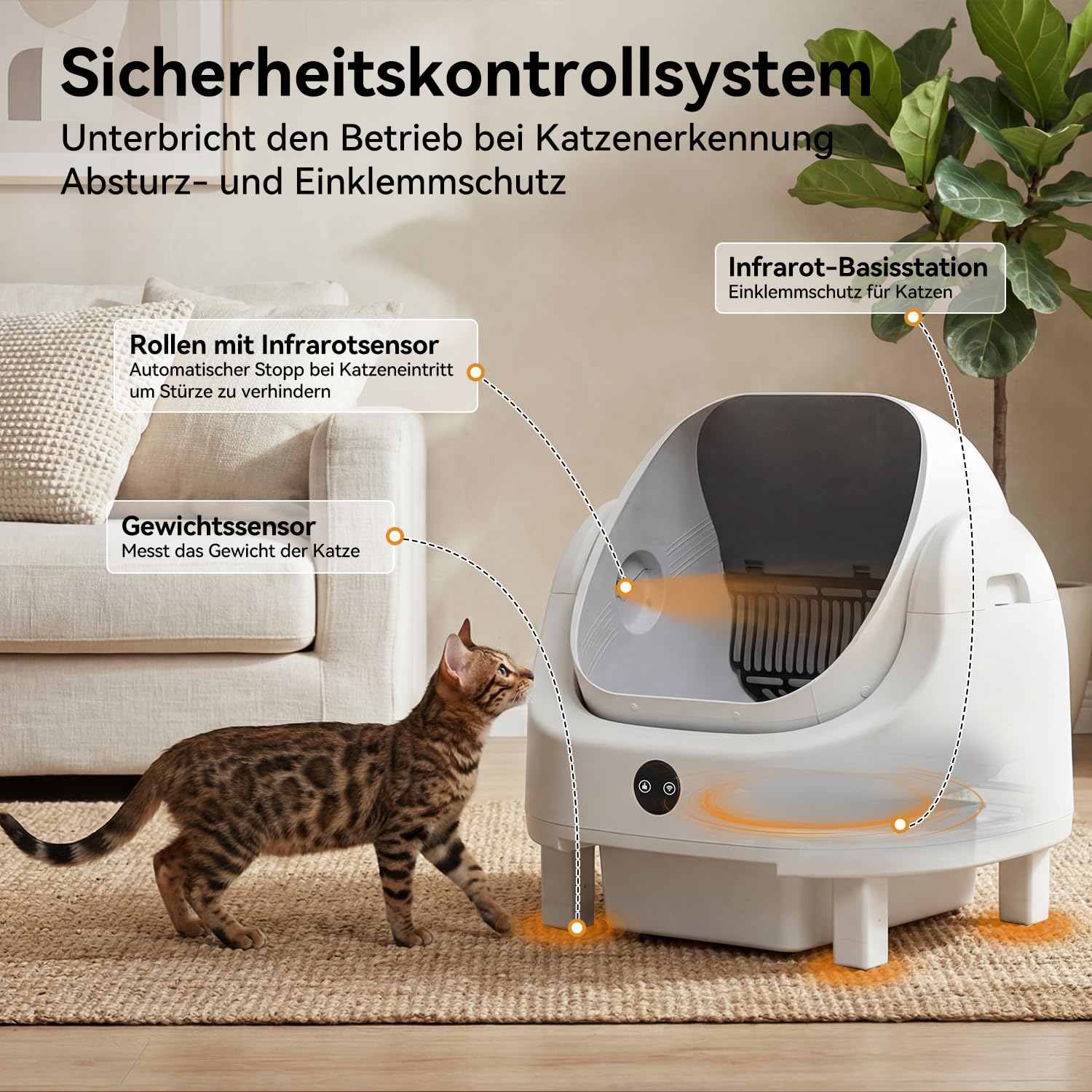 Selbstreinigende Katzentoilette, Katzenklo Selbstreinigend mit Sicherheits Geruchskontrolle, Automatischer App-Steuerung für Katzen, Inklusive Katzenstreumatte,Müllbeutel und Duftbox, Weiß