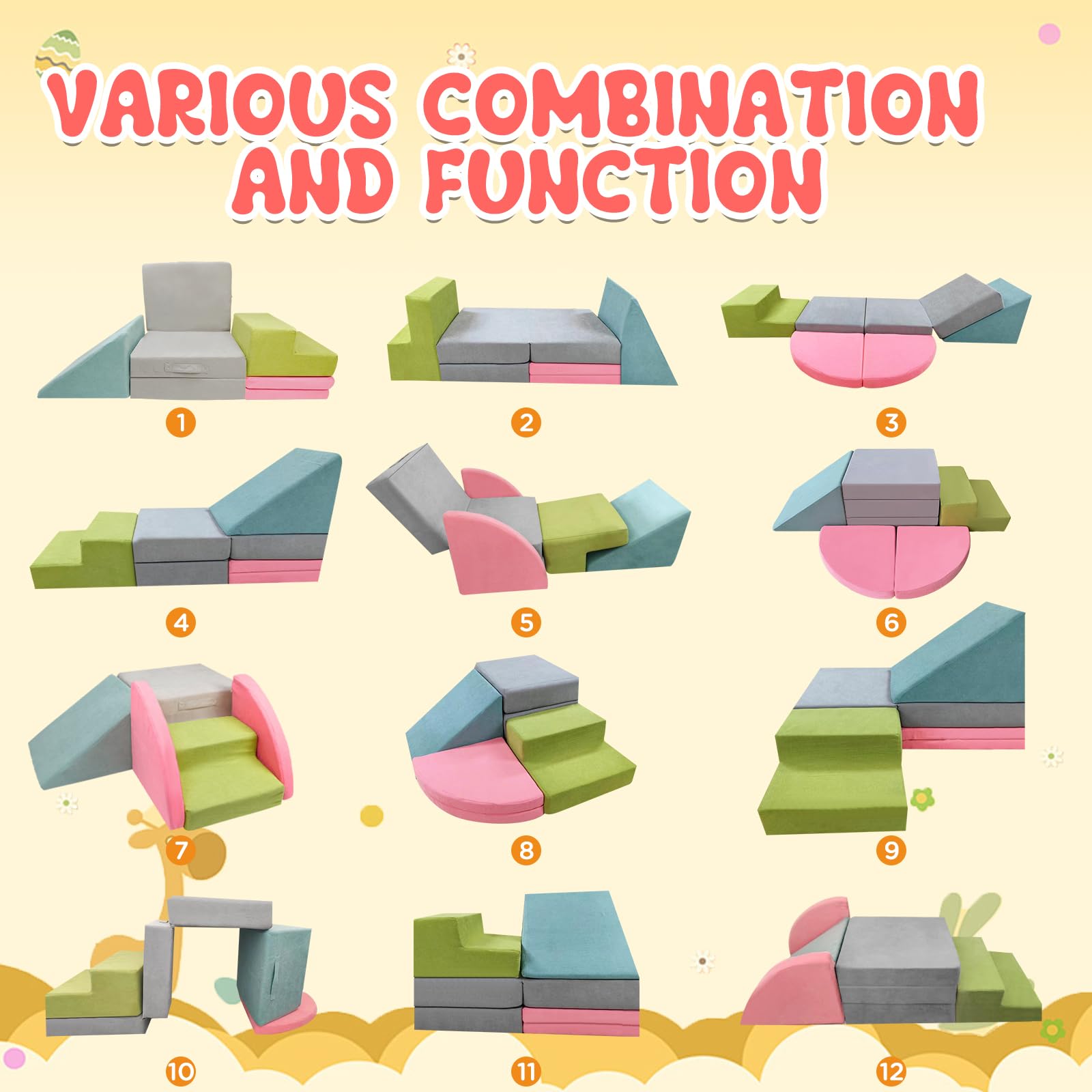 JOIWOD Foam Climbing Blocks for Toddlers 7 PCS Foldable Soft Play Set Toddler Climbing Toys Indoor Baby Climbing Gym Kids Corner Climber