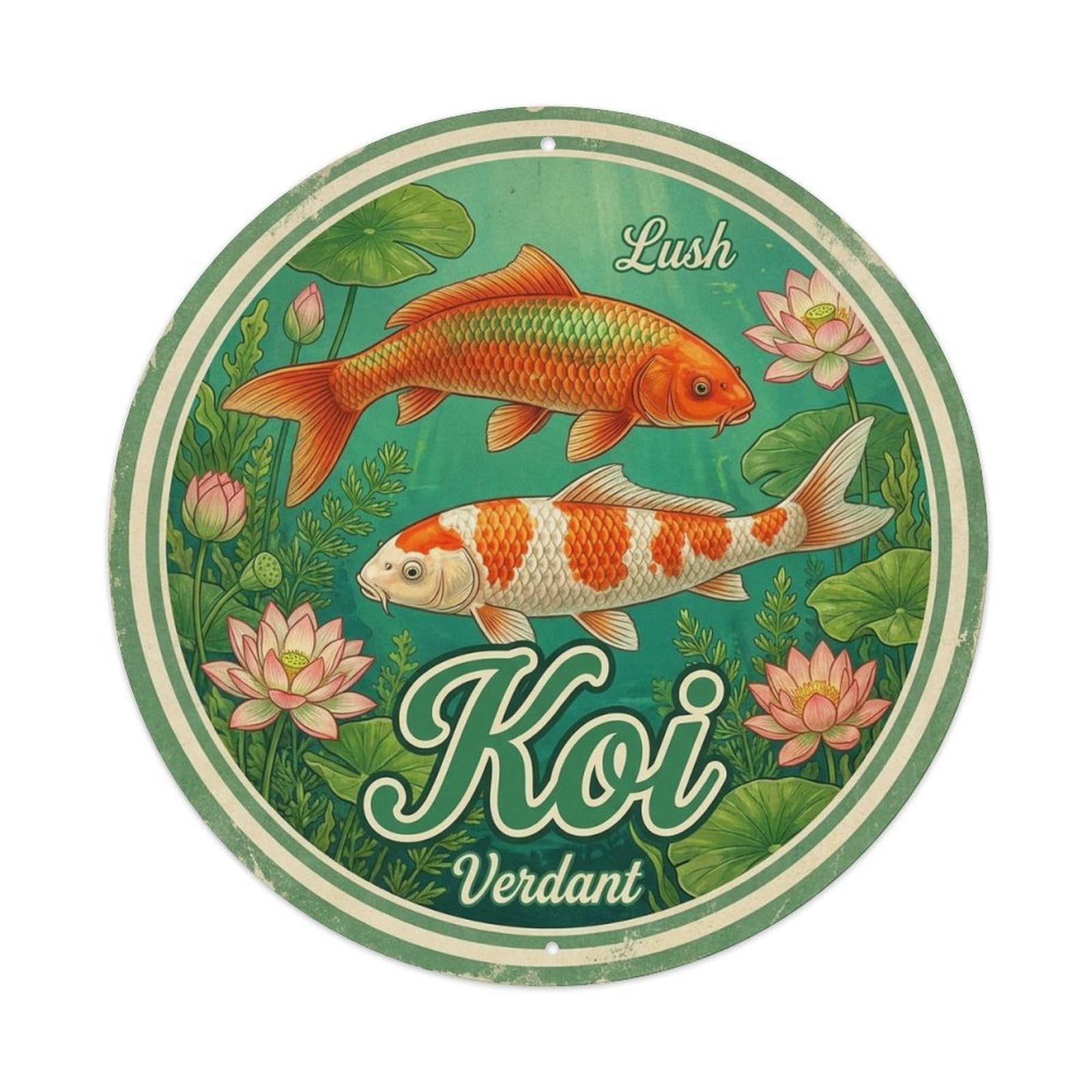Koi Carp Lush Folk Pattern Harmony Classic Metal Tin Sign Plaque Wall Decor for Cafe, Man Cave, Club Bar, Office, Home Garden Round Metal Poster 8x8Inch