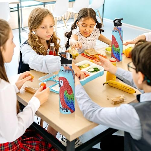 Miniatura 6 de Botella de agua deportiva con purpurina falsa con diseño de loro y pájaro de dibujos animados, sin BPA, a prueba de fugas, con asa, doble pared