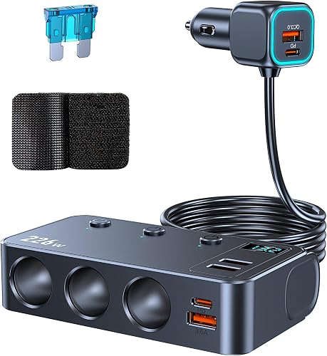 226W Car Cigarette Lighter Splitter 12V/24V, 9-in-1 Multi Port Car Charger Adapter with 3 Sockets, 2 PD USB-C & 4 USB Ports, Independent Switches, LED Voltage Display, Car Charger Splitter