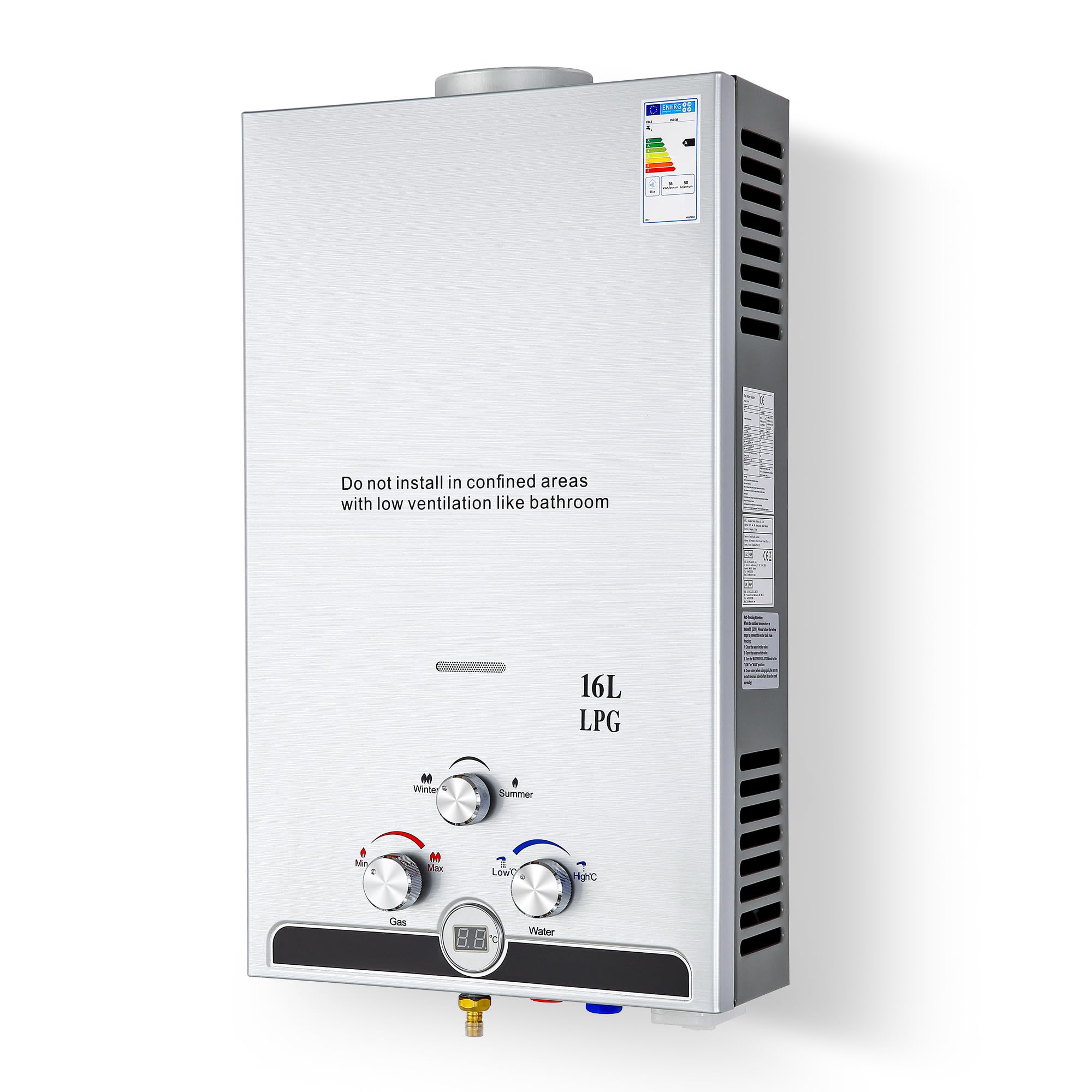 CO-Z Chauffe-Eau à Gaz Instantané 16LPM 27,2kW LPG GPL au Butane Propane avec Modes Hiver et Eté Sans Réservoir en Acier Inoxydable CE Certifié Portable pour Maison Camping Caravane