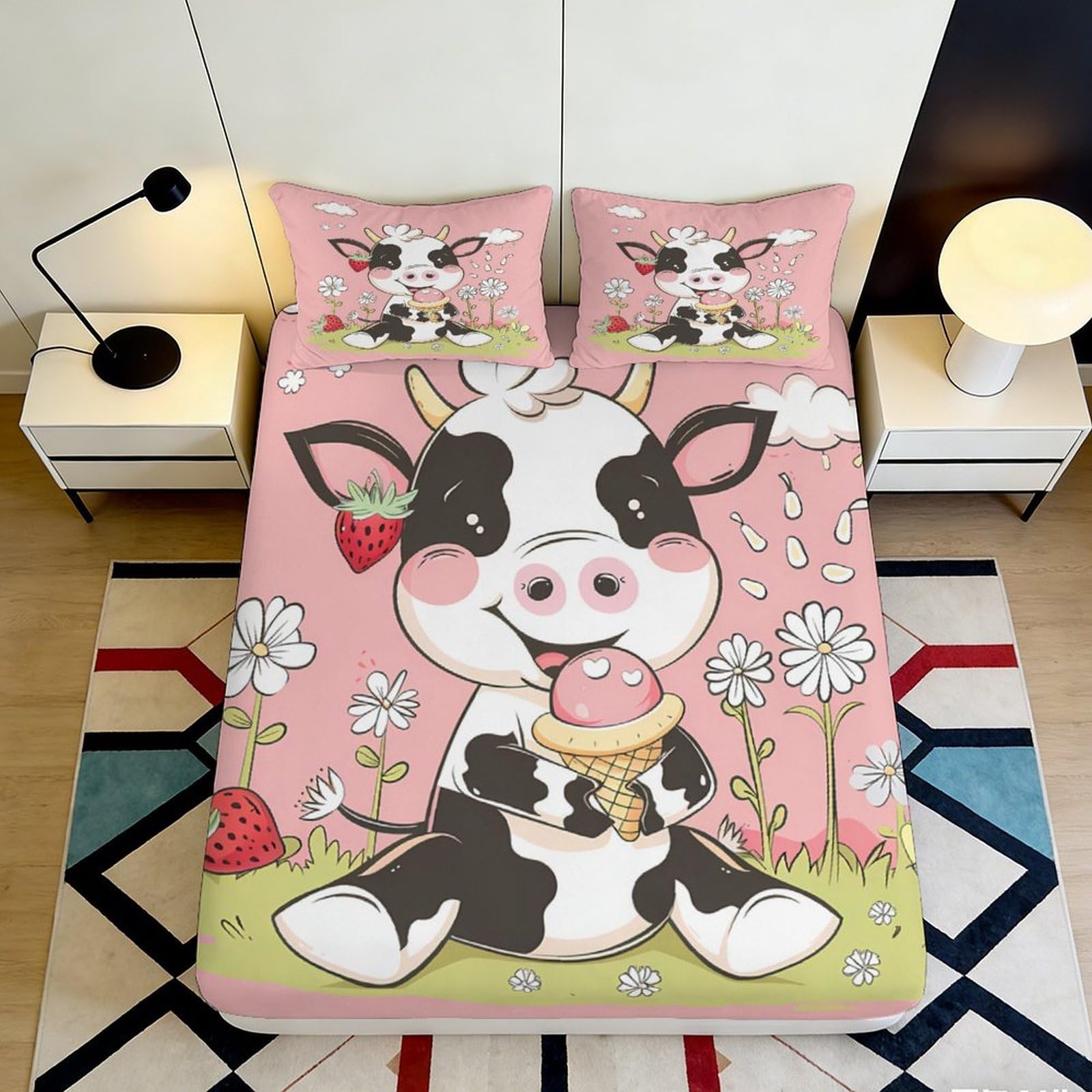 3D Printed Cute Cow Fitted Sheet Microfiber Pink Cartoon Strawberry Bed Cover for Bedroom Guest Room Dorm Mattress Protection Decor 90x200x25cm