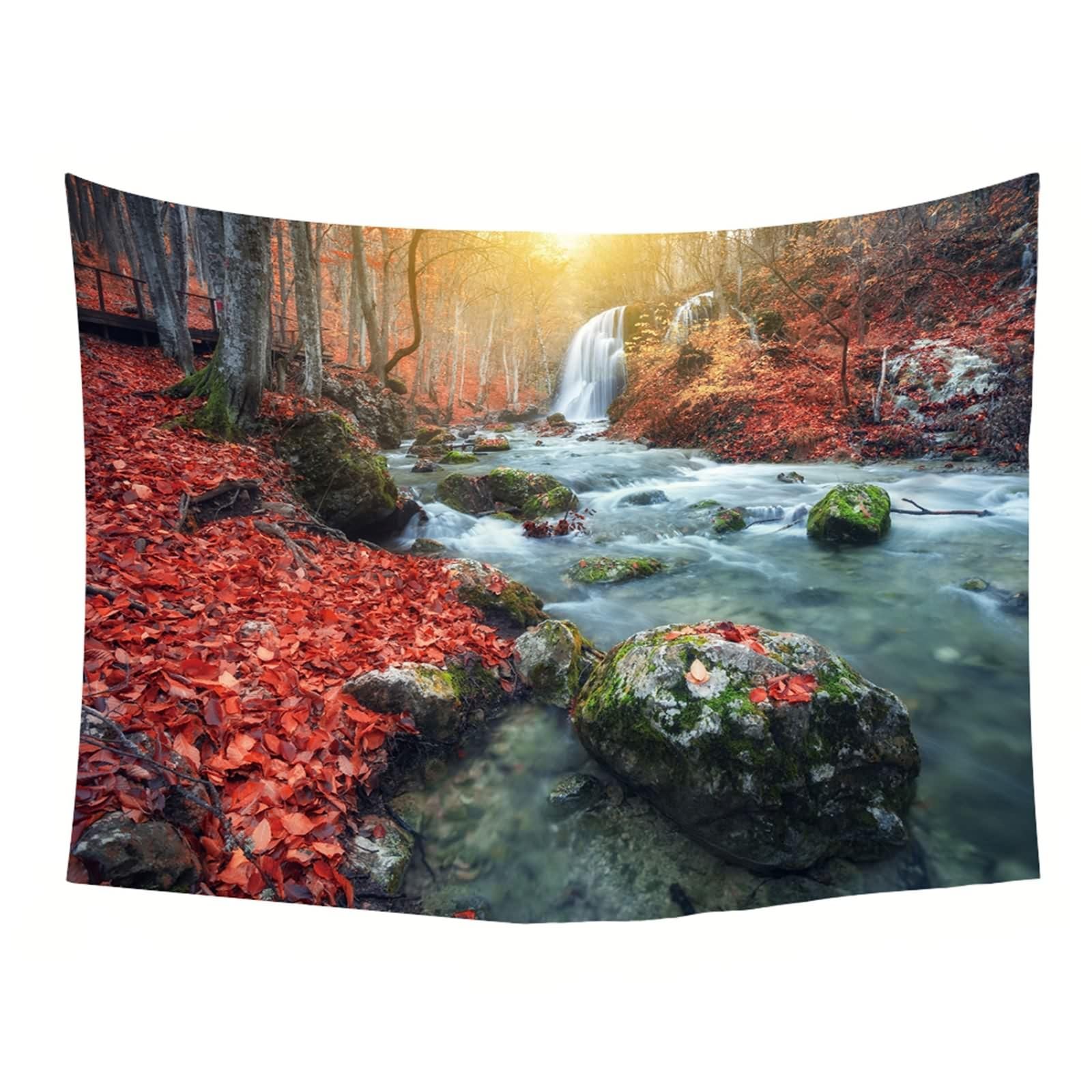 Skcess Wandteppich Rot Braun Weiß, Polyester Tapestrie Herbstthema Wald Und Flüsse Tapisserie für Wohnzimmer Schlafzimmer Wanddeko Wandteppich 350x256CM