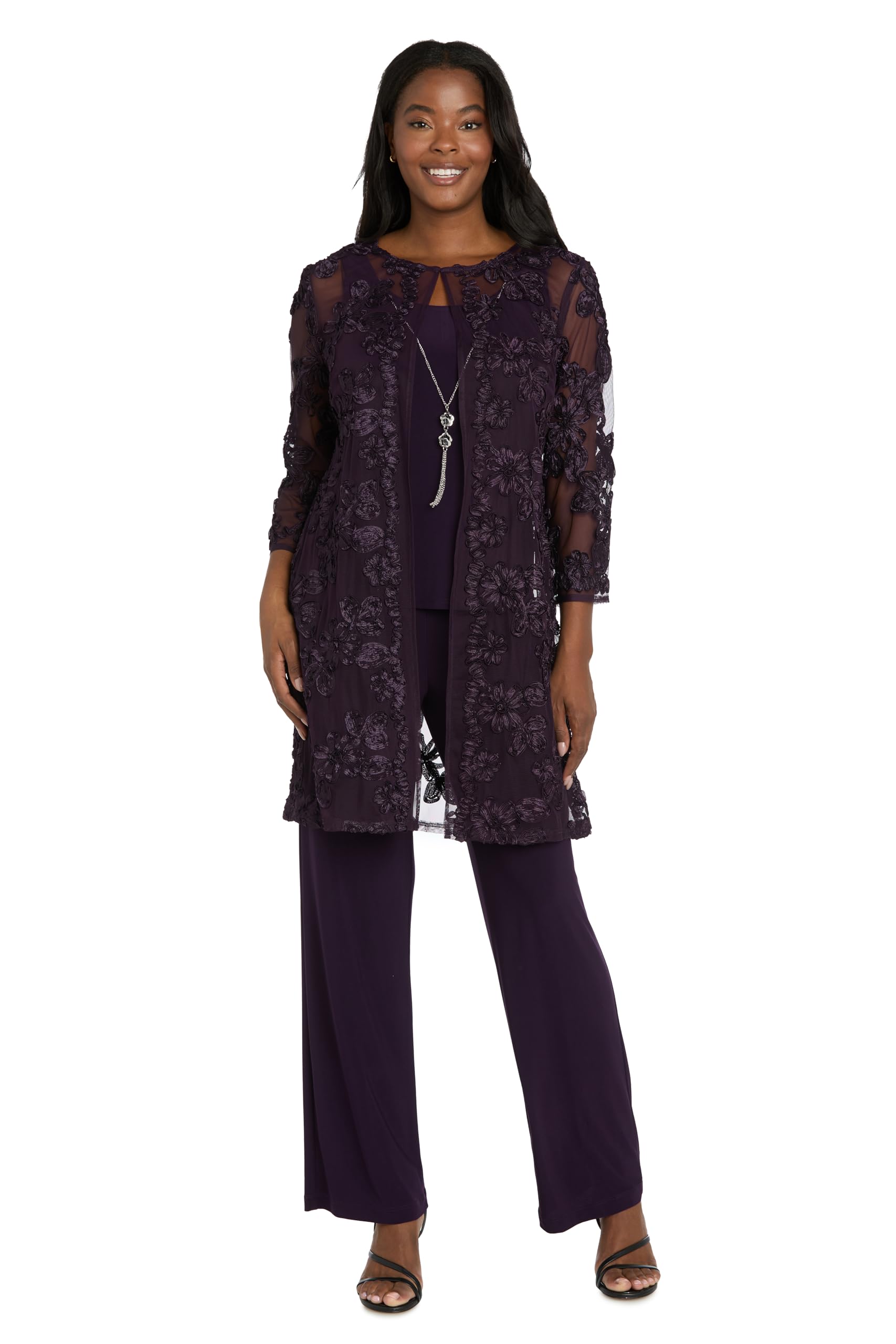 R M Richards Womens 3-Piece Soutache Ribbon Duster Pantsuit W Embroidered Jacket Tank Top W Necklace Straight Leg
