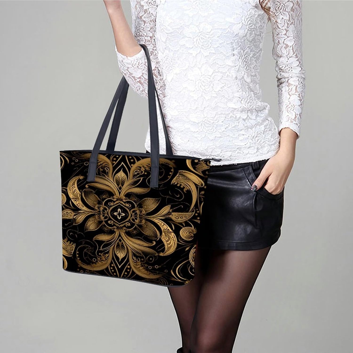 Black And Golden Pattern Tote Bag for Women Large Capacity Leather Handbags with Zipper Fashion Travel Shoulder Bags Casual Hobo Bag Lightweight Leather Purse for Work Travel Shopping