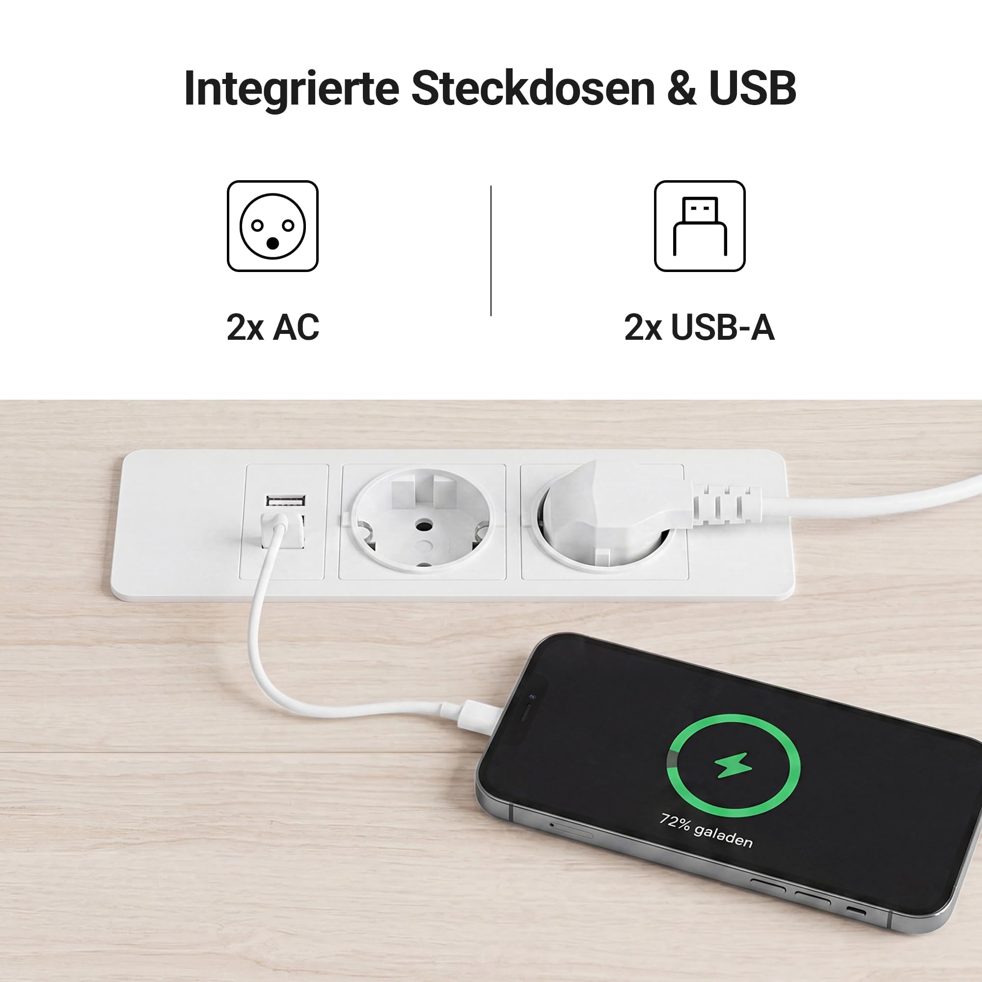 Claiks Höhenverstellbarer Schreibtisch mit Steckdosen&Schublade 120 x 60cm