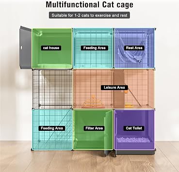 3-Tier Large Cat Enclosure Indoor & Outdoor with Litter Box, Detachable Multifunctional Catio Playpen - DIY Metal Wire Kennel Cage for Cats