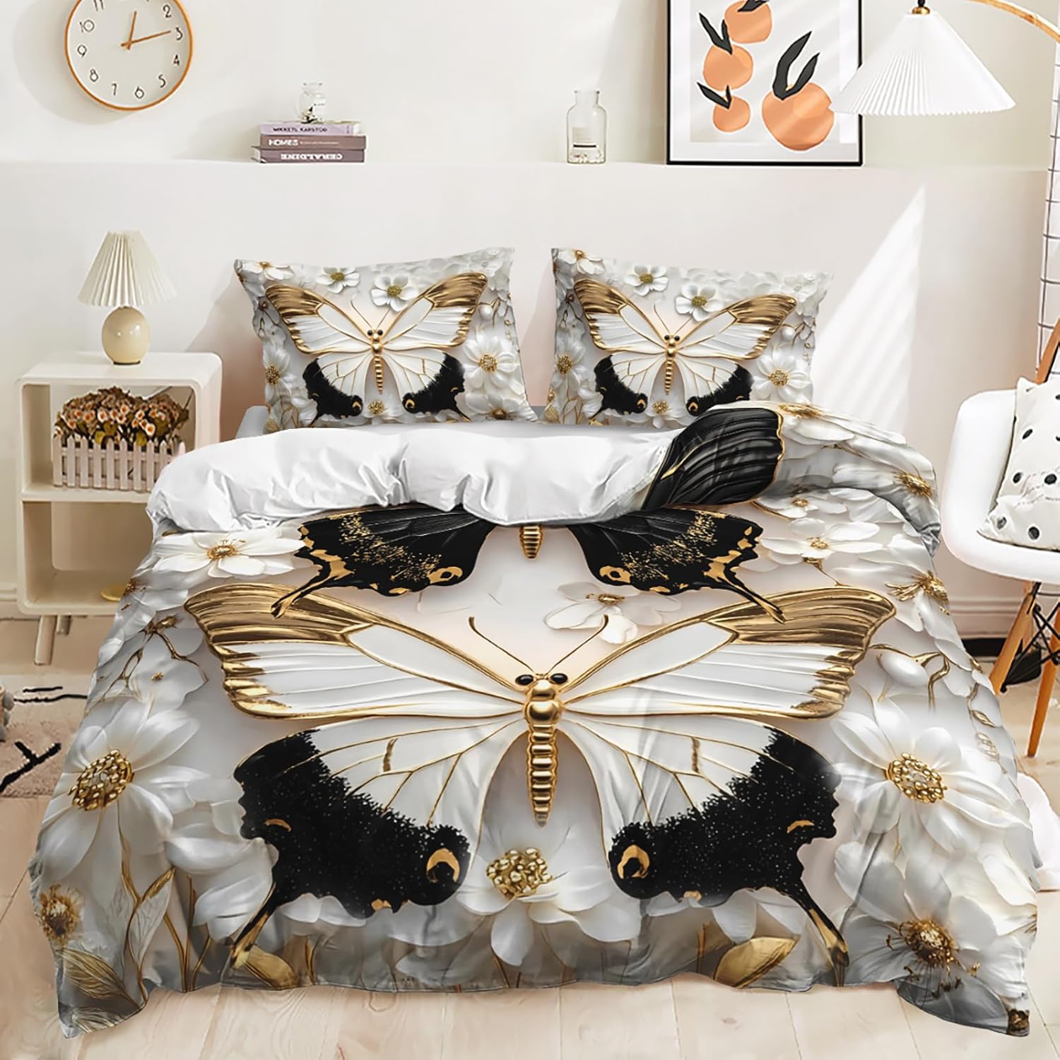 AILONEN Black and White Butterfly Duvet Cover Set Full Size,Gold Flower Butterfly Bedding Set for Kids Girls Women,3-Piece Soft Quilt Cover with 2 Pillowcases
