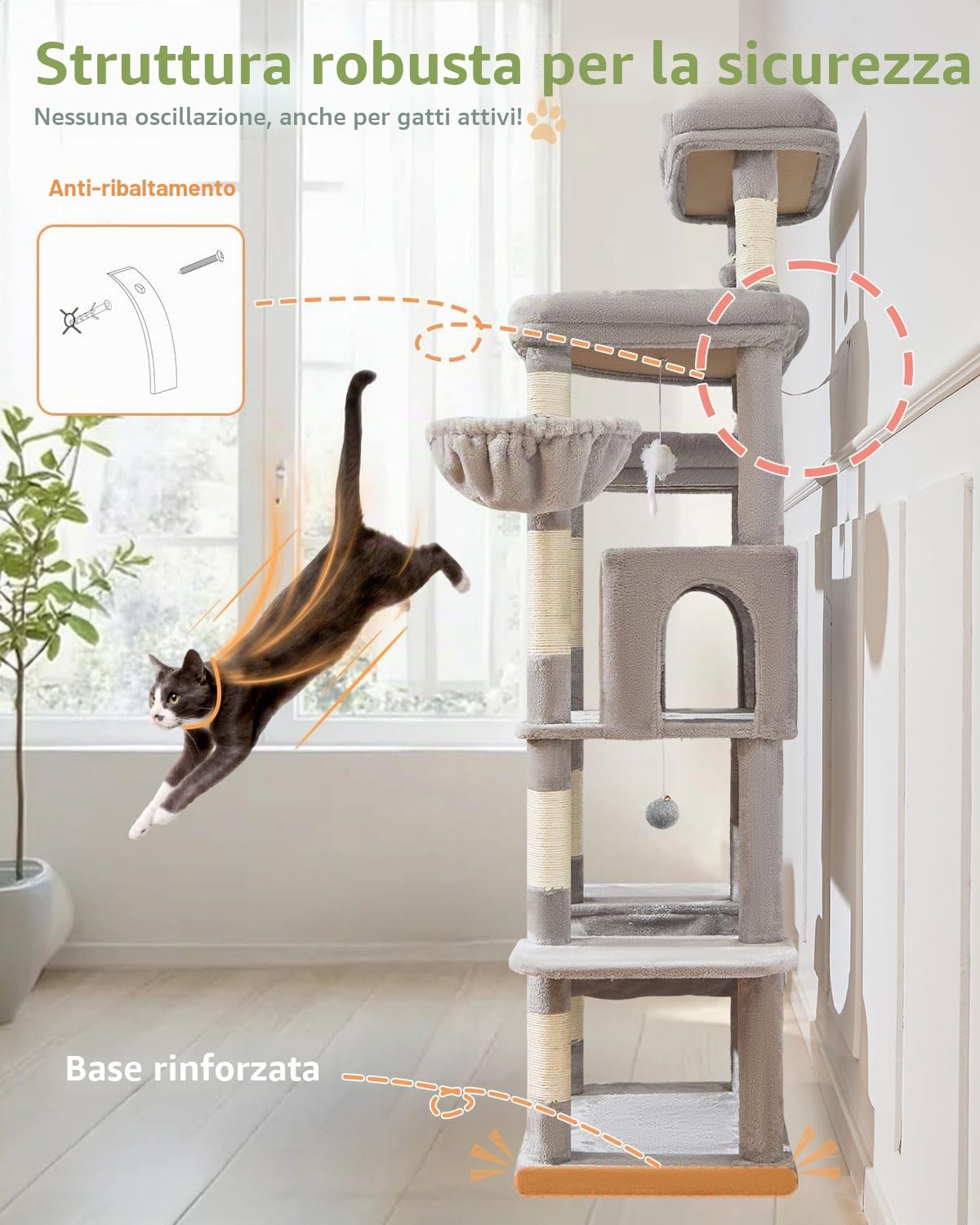 Taoqimiao Tiragraffi per Gatti, 180cm Stabile Tiragraffi per Gatti Adulti xxl con Accogliente Grotte, Amaca, Piattaforma extra large, cestino Sospeso, 8 Pali Graffiatoi, Grigio Chiaro MS034W