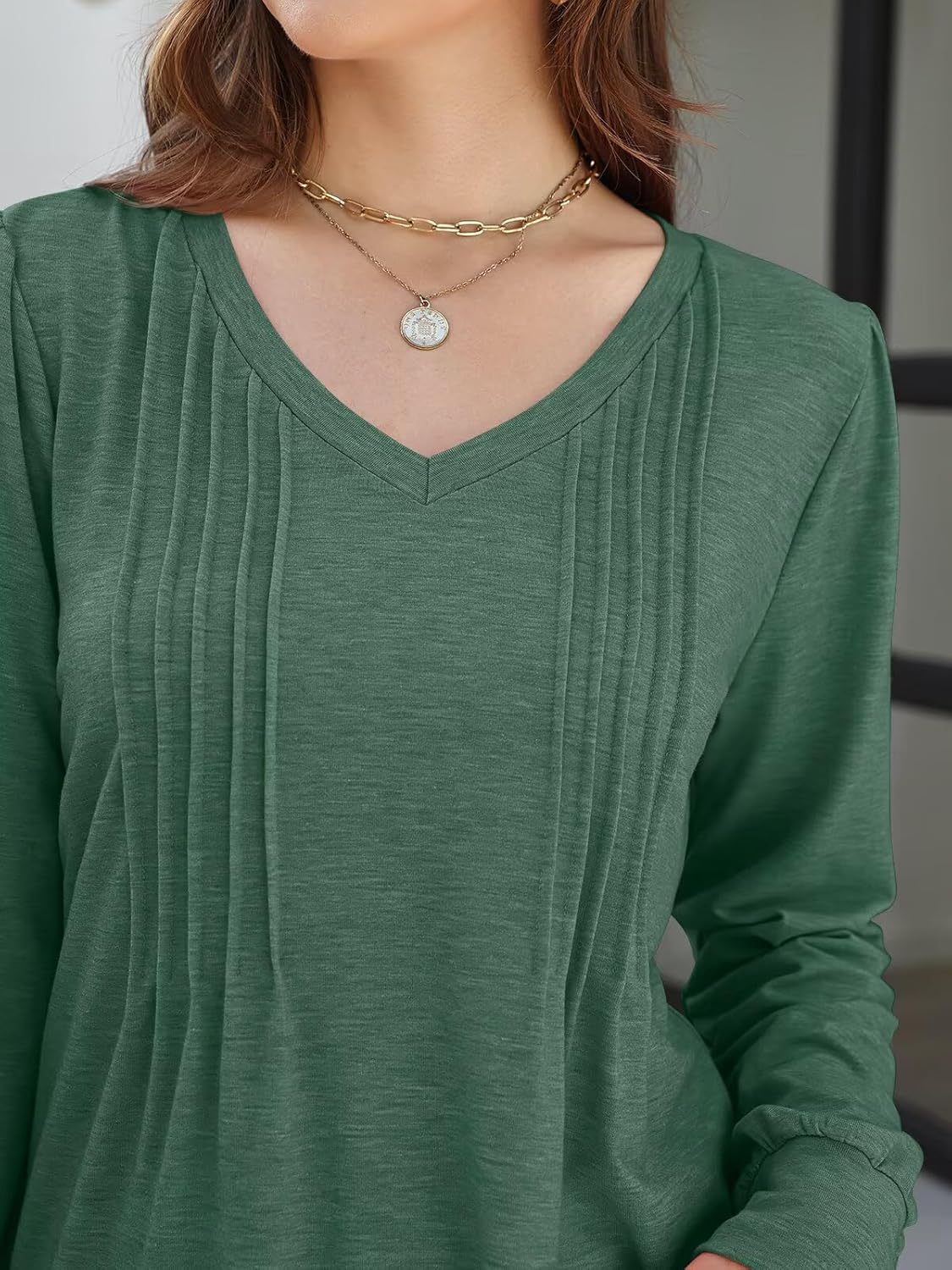 Women's Pleated V Neck T Shirts Puff Long Sleeve Tops Casual Loose Fit Tunic Blouses - Image 5