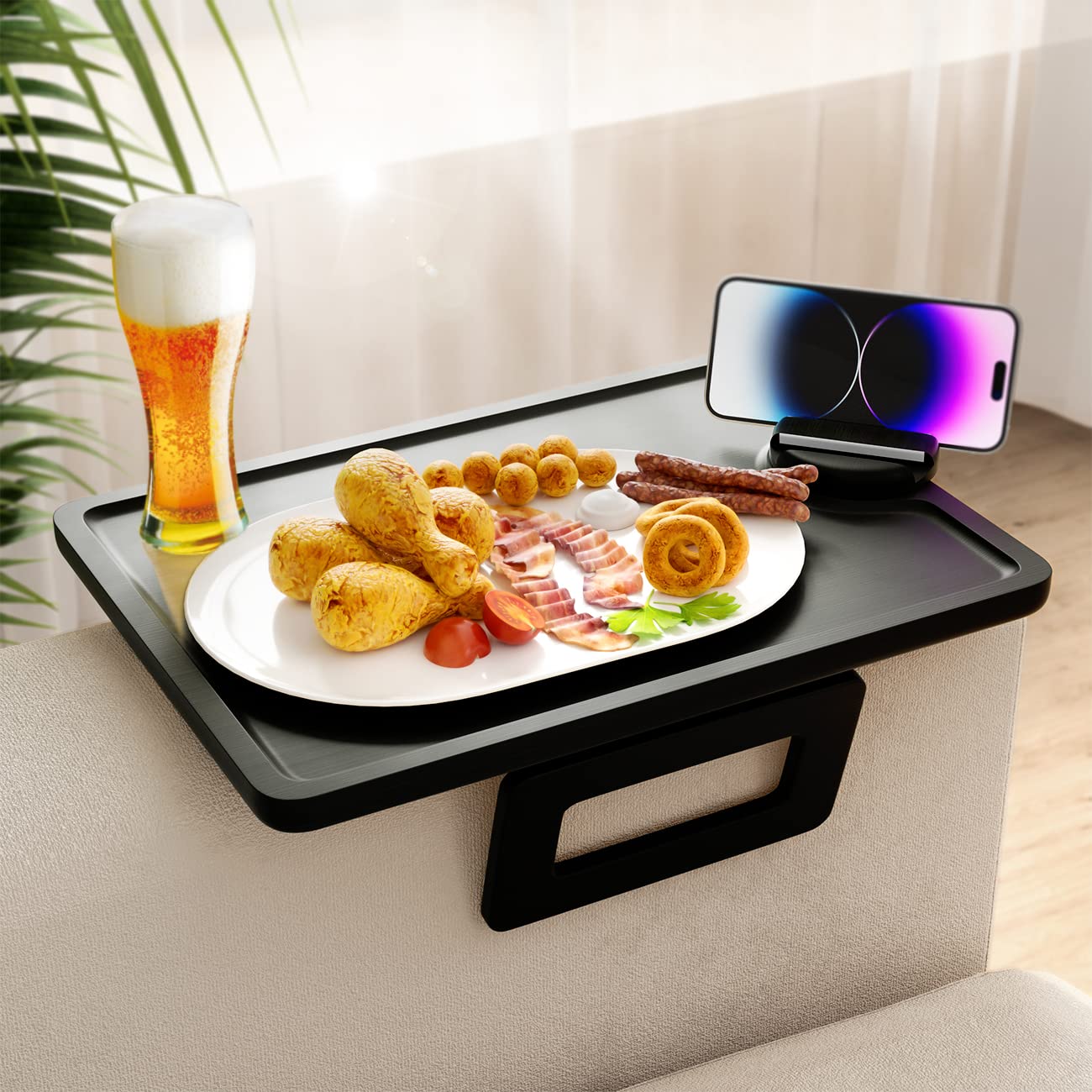 Mesa para brazo de sofá para tardes de cine y cena bandeja de relax con clip ajustable negra