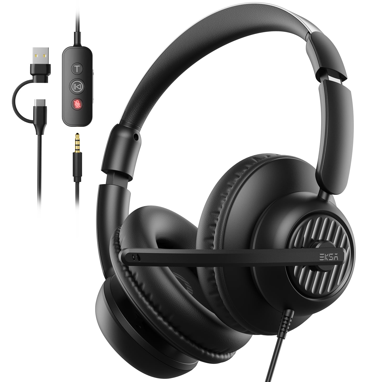 EKSA H8 Cuffie Per Pc Con Microfono, Cuffie Stereo Usb Con Cavo, Cuffie Con Cancellazione Del Rumore, Cuffie Usb-C/Usb-A E Jack Da 3,5 Mm, Cuffie Over-Ear Per Laptop/Ufficio/Call Center/Team