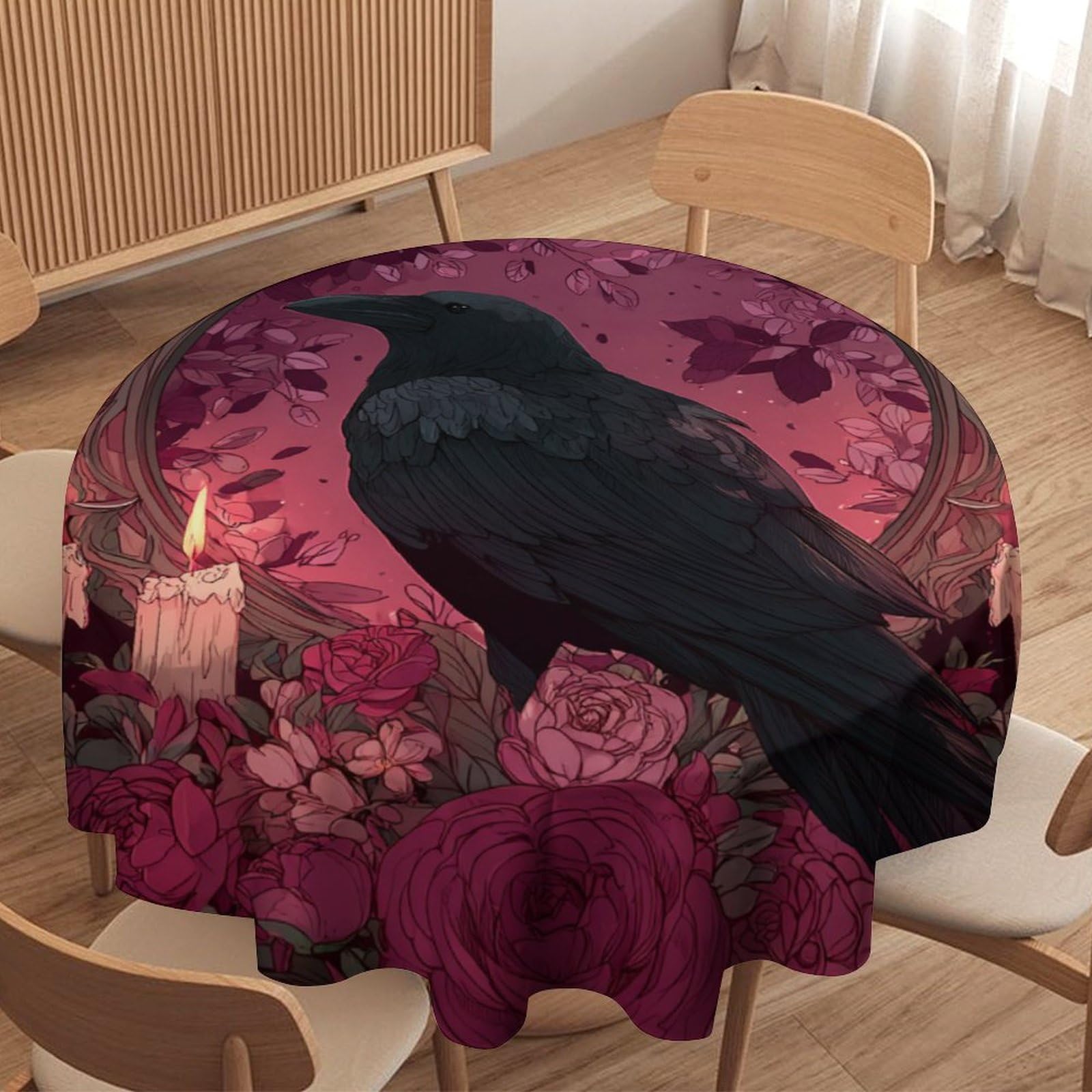LUYYSKY Classic Vintage Animal Crow Round Tablecloth Abstract Realistic Gothic Halloween Roses Floral Crow Skull Skeleton Washable Decor for Table Cover for Kitchen-177.8" Wx177.8 L cm