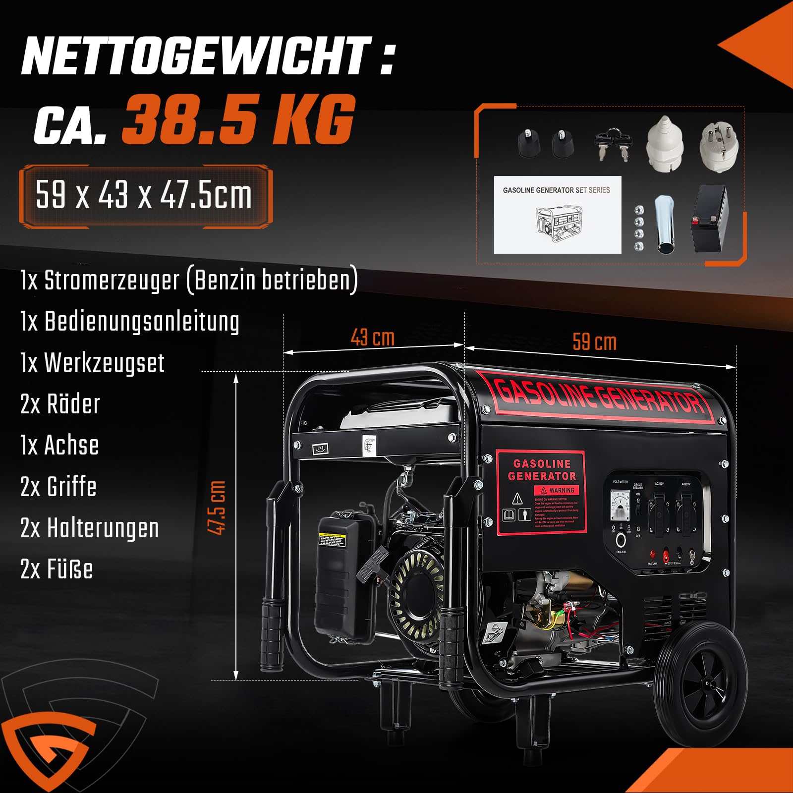 Benzin Stromgenerator mit E-Start | 4-Takt Benzin Motor mit 12PS | 5000W Leistung | 274mm Hubraum | 2x 230V | 12V Anschluss | 15L Tank | AVR-Technologie | inkl. Fahrvorrichtung