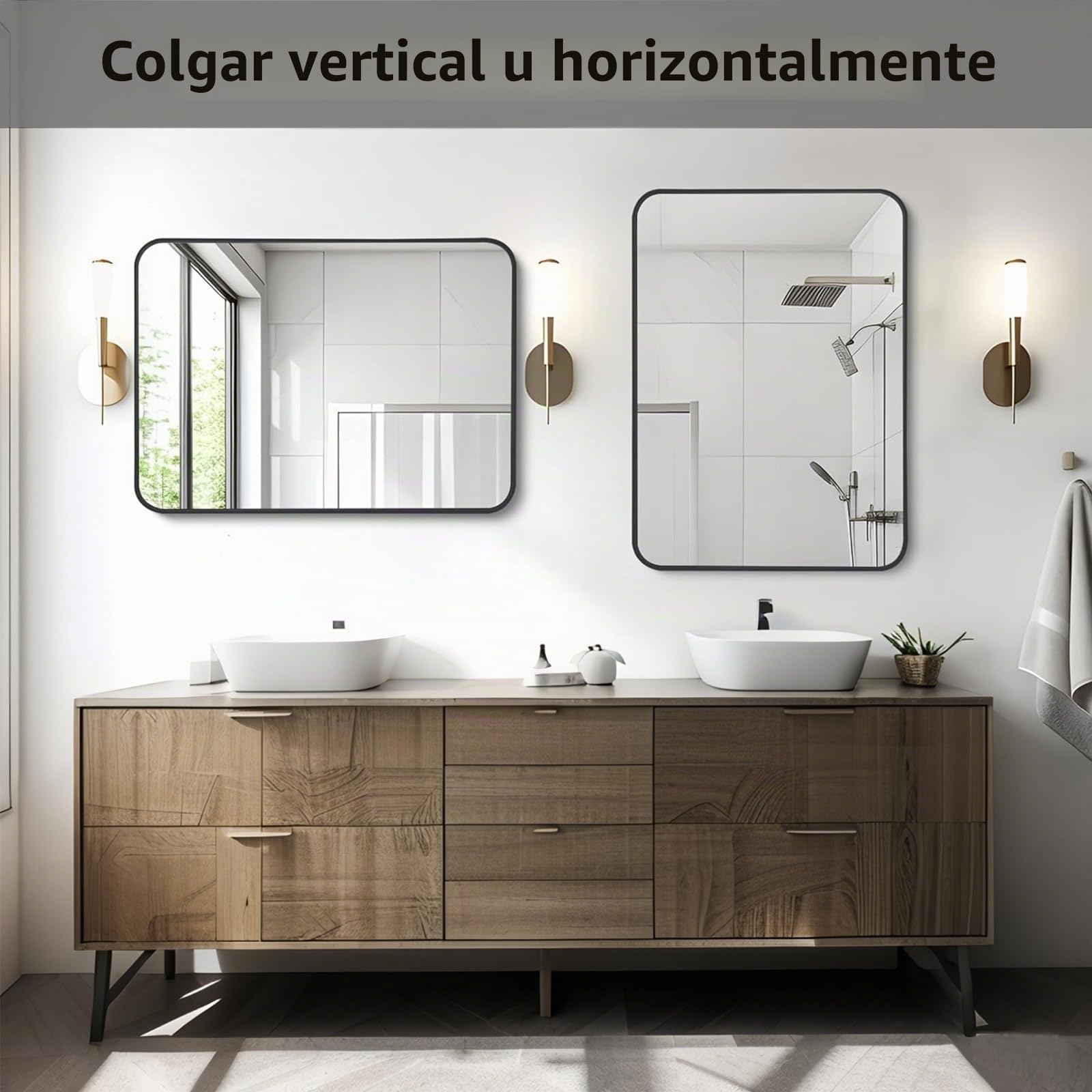 Espejo de baño 80x60 cm, Marco de Aluminio Negro | Resistente a la humedad y al óxido · montaje horizontal o vertical · baño, dormitorio, pasillo
