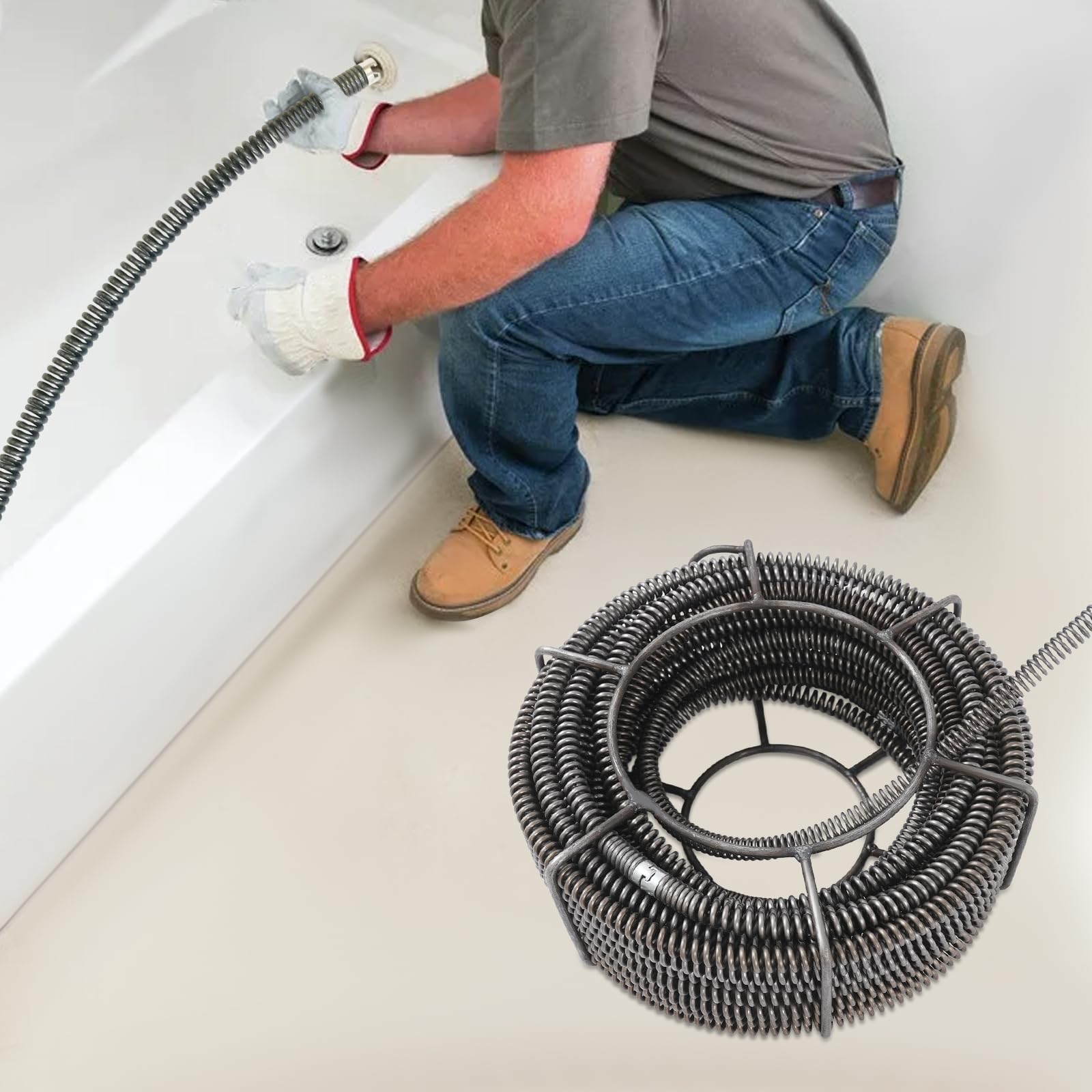Set profesional de limpieza de tuberías en espiral de 22,1 m (4 x 4,9 m + 1 x 2,5 m) de acero inoxidable 65 Mn | Para codos de 90° y tubos de desagüe 30-100 mm, compatible con máquinas de limpieza (16